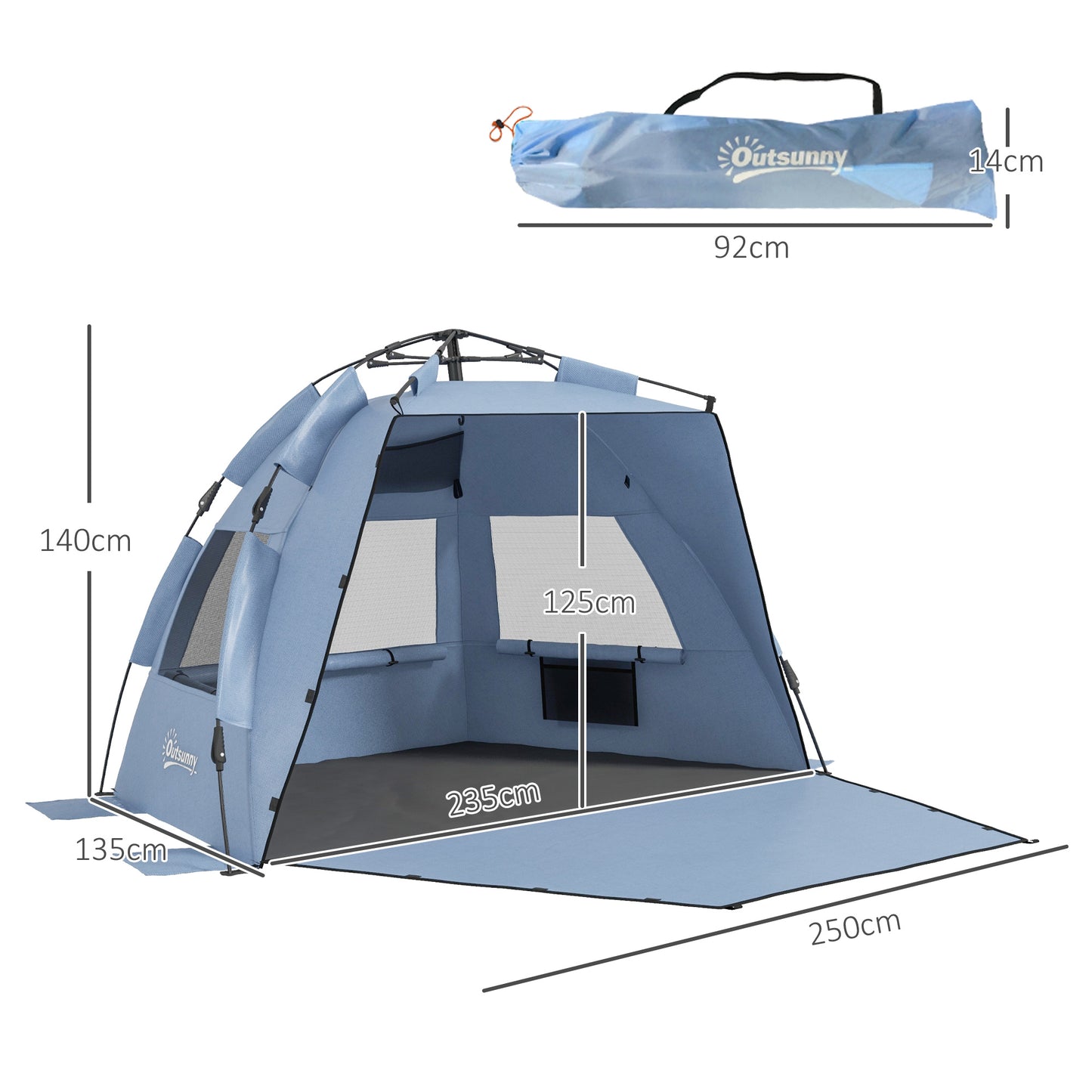 2-3 Person Pop Up Beach Tent, UPF15+ Sun Shelter with Extended Floor