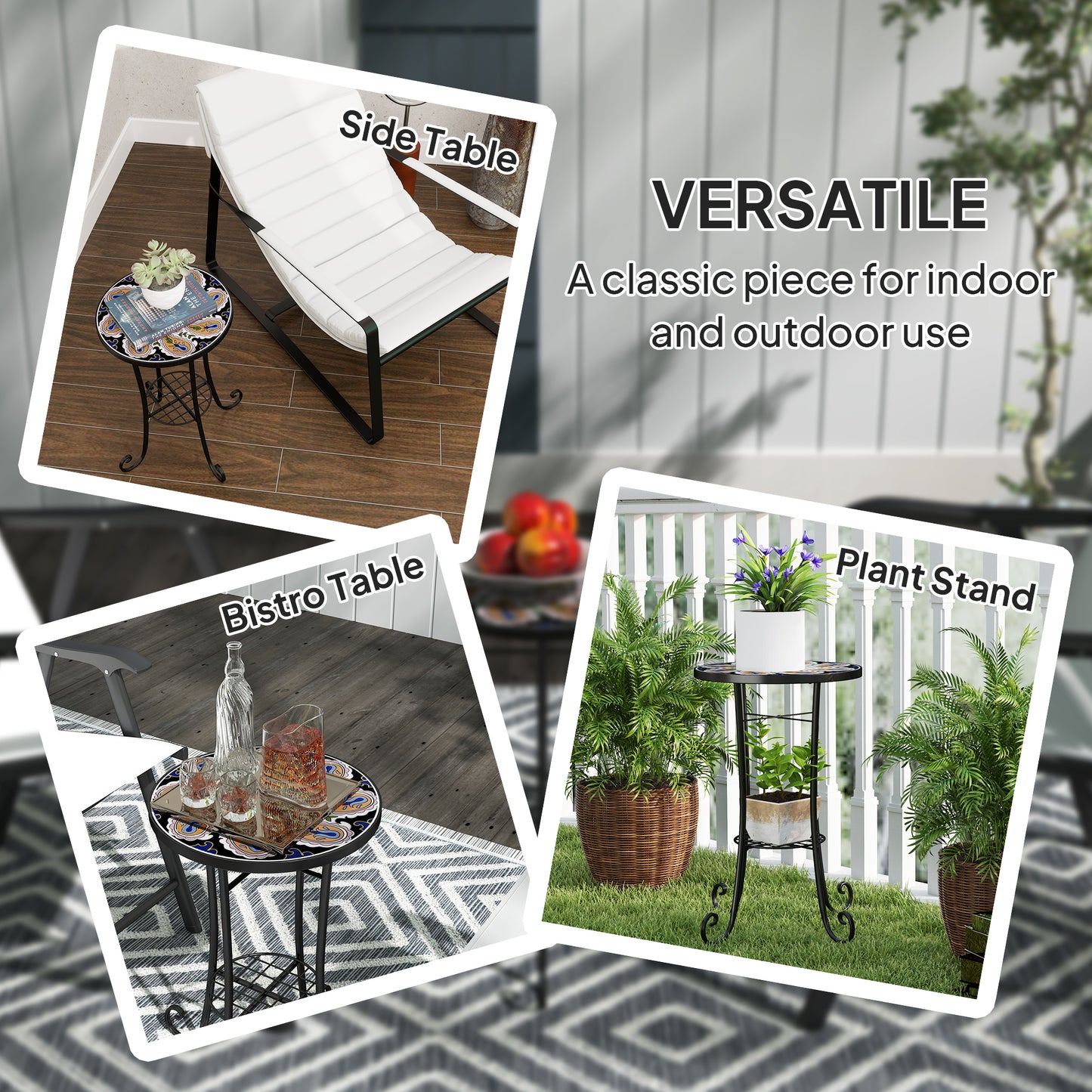 Mosaic Garden Table, 35.5 cm Round Outdoor Table with Shelf