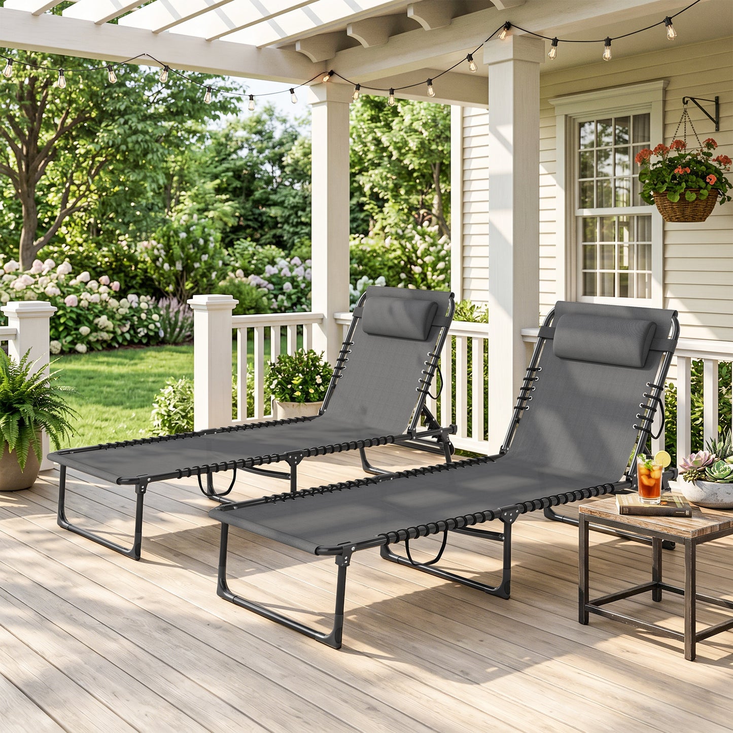 Set of Two Folding Sun Loungers, with Four-Position Backs