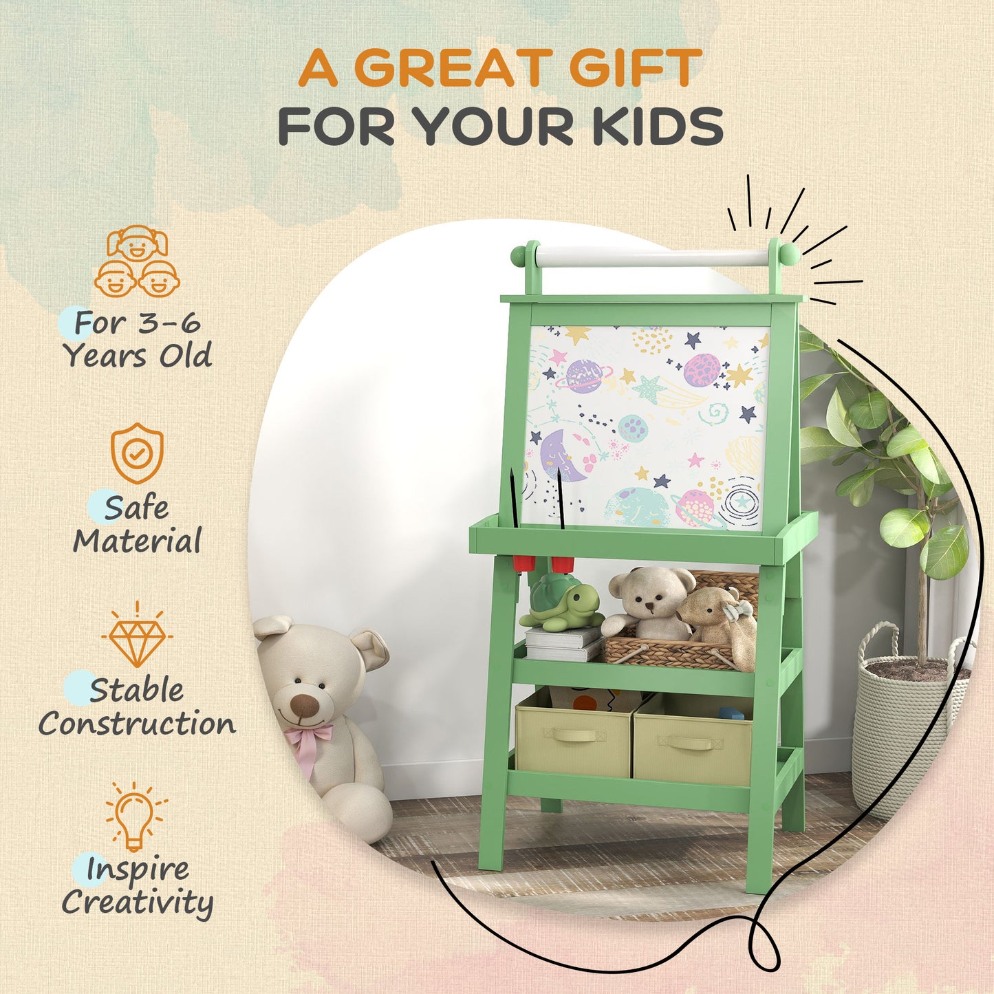 3 in 1 Kids Easel Double-Sided Magnetic Whiteboard and Chalkboard