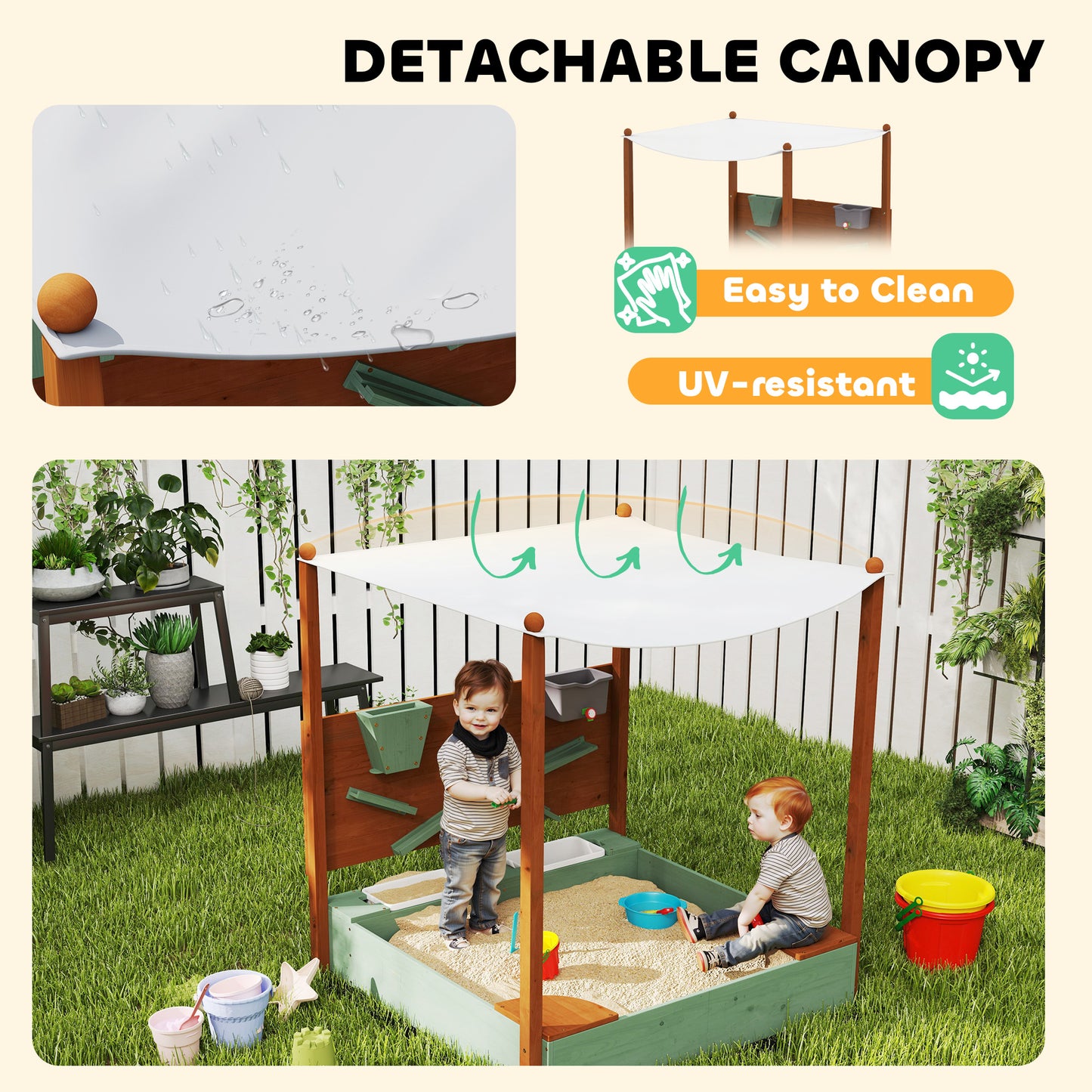 Wood Sandpit with Canopy, Storage Bins, Funnel, Liner, Chutes