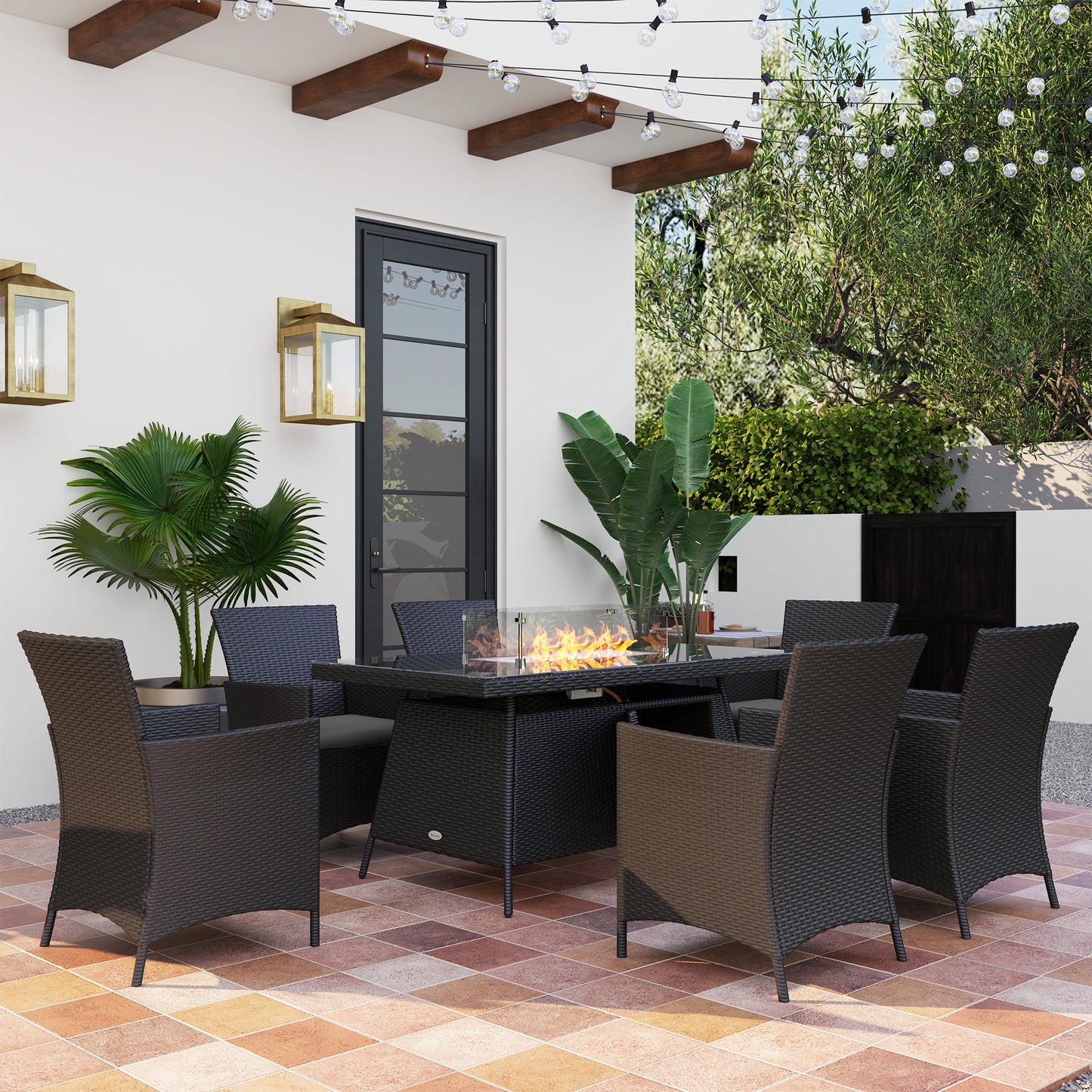 7 Pieces Outdoor Rattan Garden Furniture with Fire Pit Table