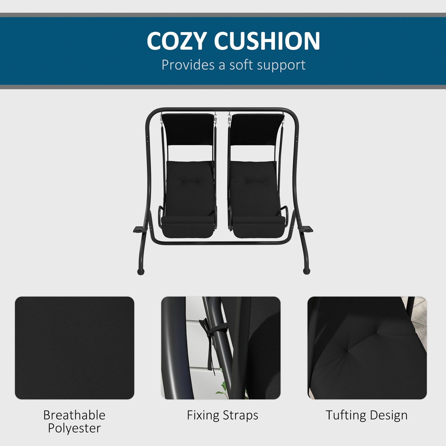 Two-Seat Garden Swing Chair, with Protective Canopy