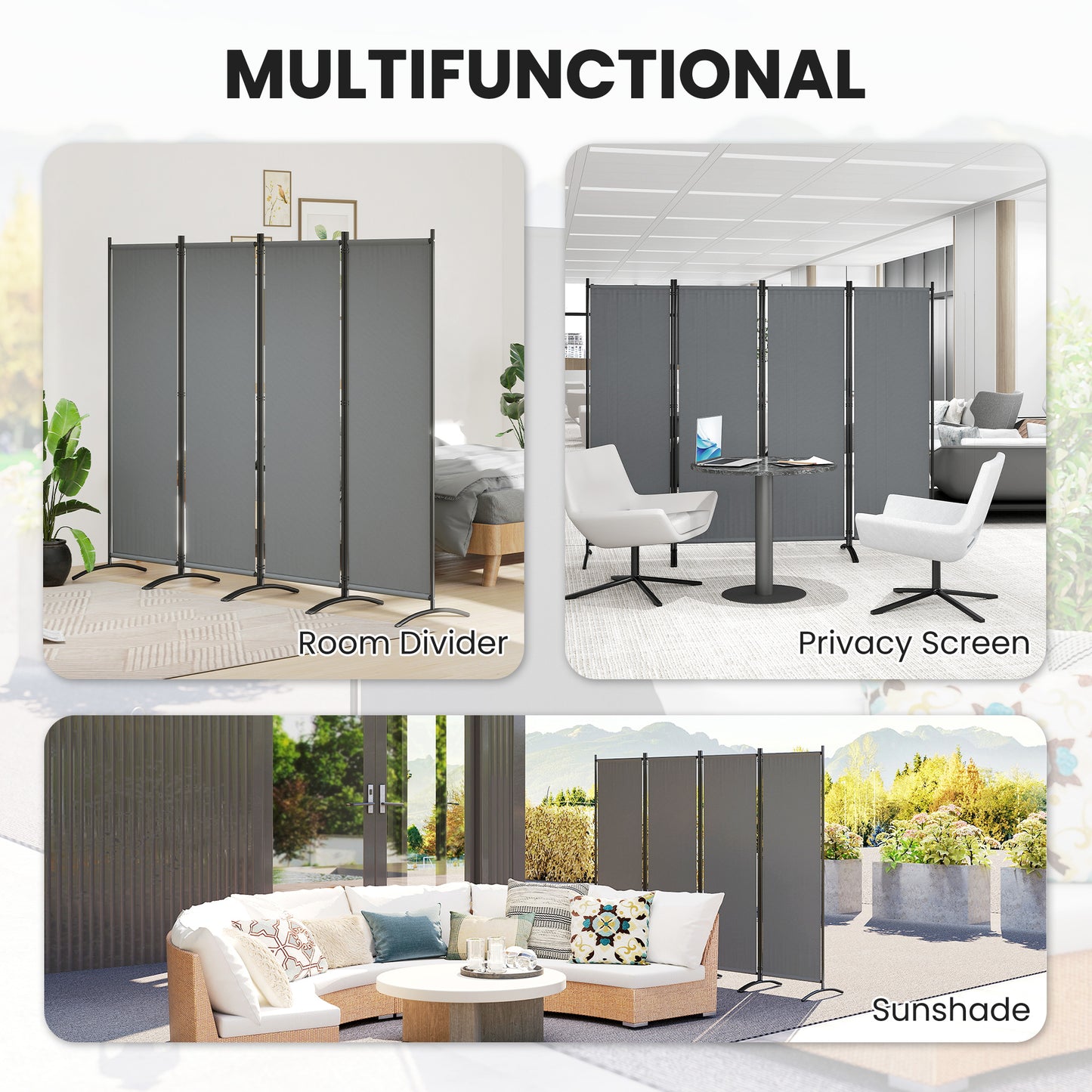 4 Panel Folding Room Divider, 1.7m Privacy Screen with Wide Feet