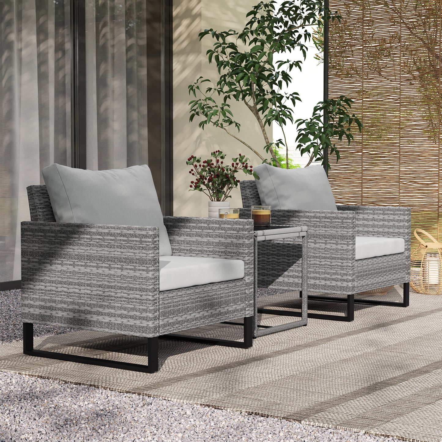 3 Pieces Rattan Bistro Set with 4 Cushions