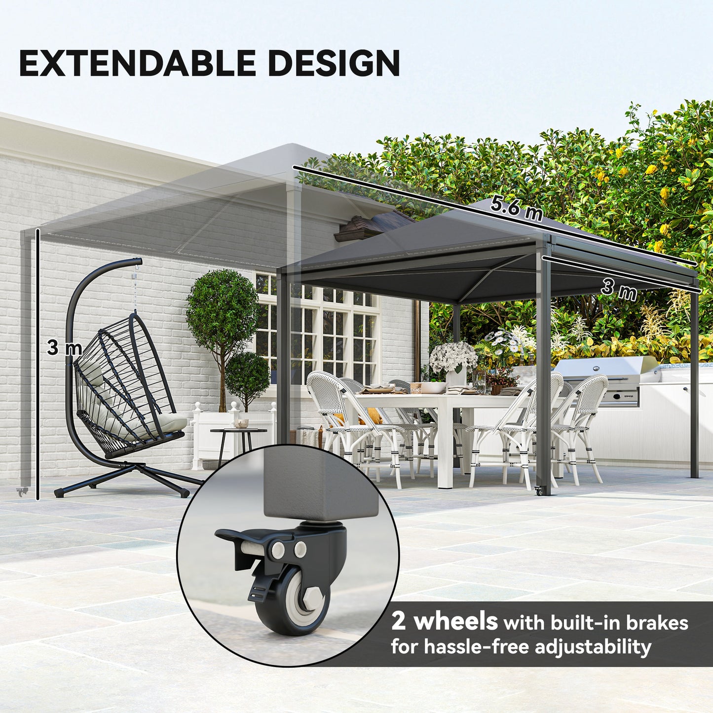 3 x 6m Garden Gazebo with Extendable Awning and Wheels