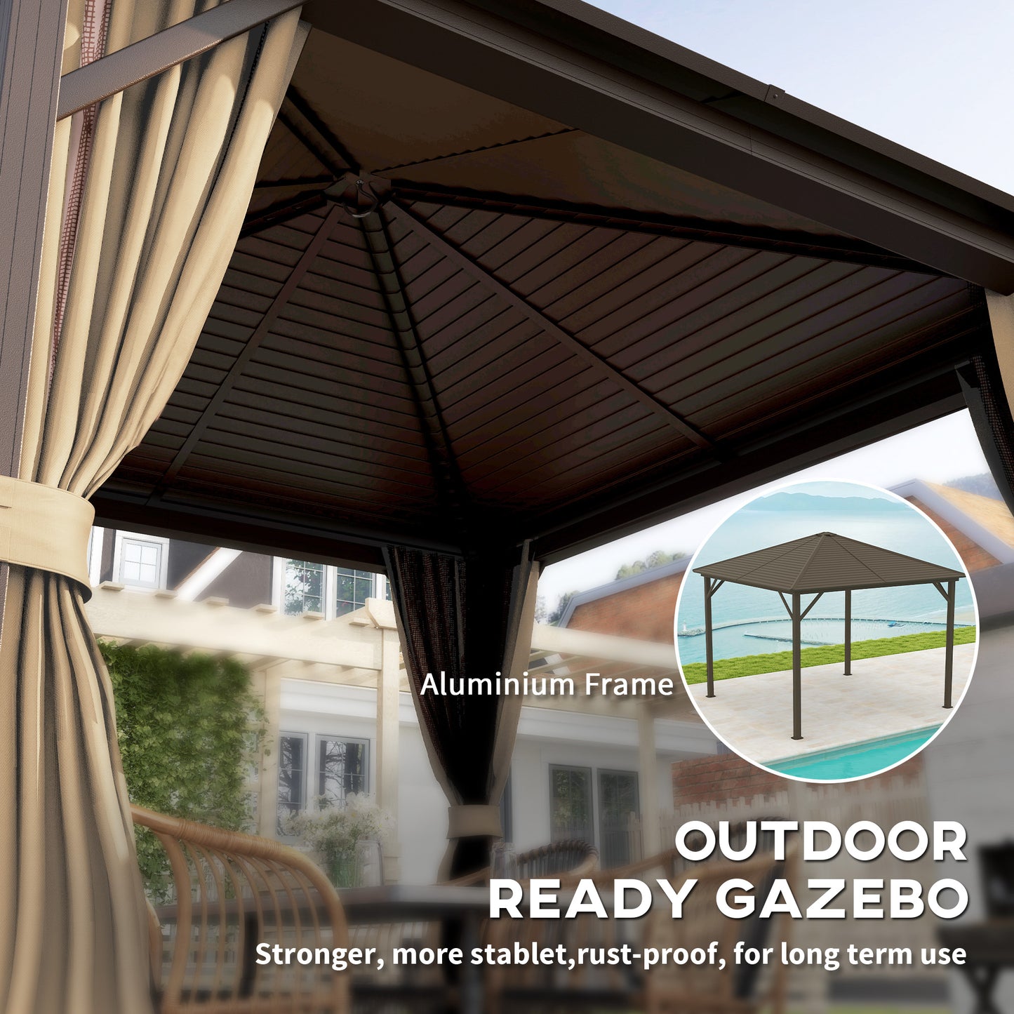 3 x 3(m) Metal Hardtop Gazebo, with Curtains and Accessories