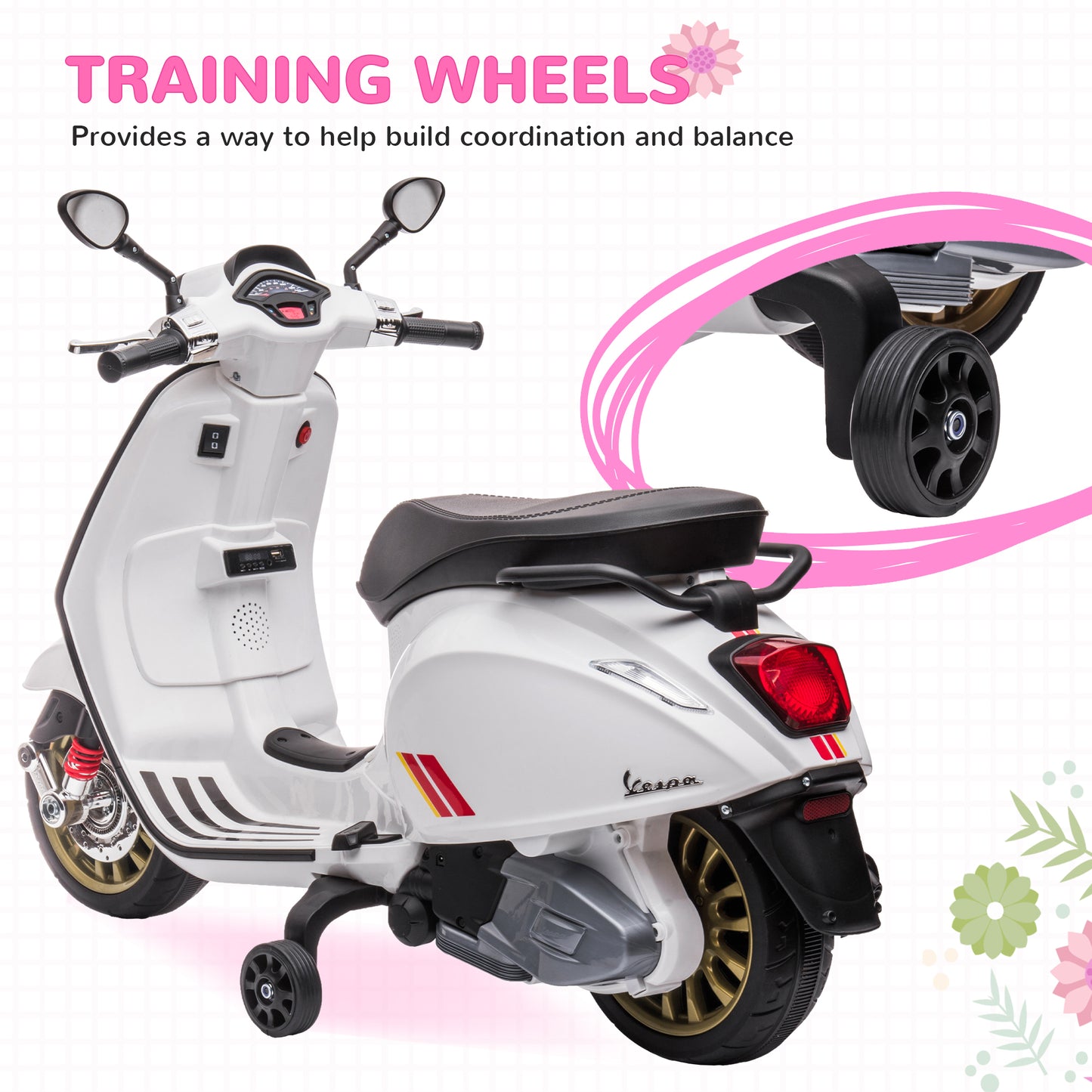 12V Vespa Licensed Kids Electric Motorbike w/ Music, Lights