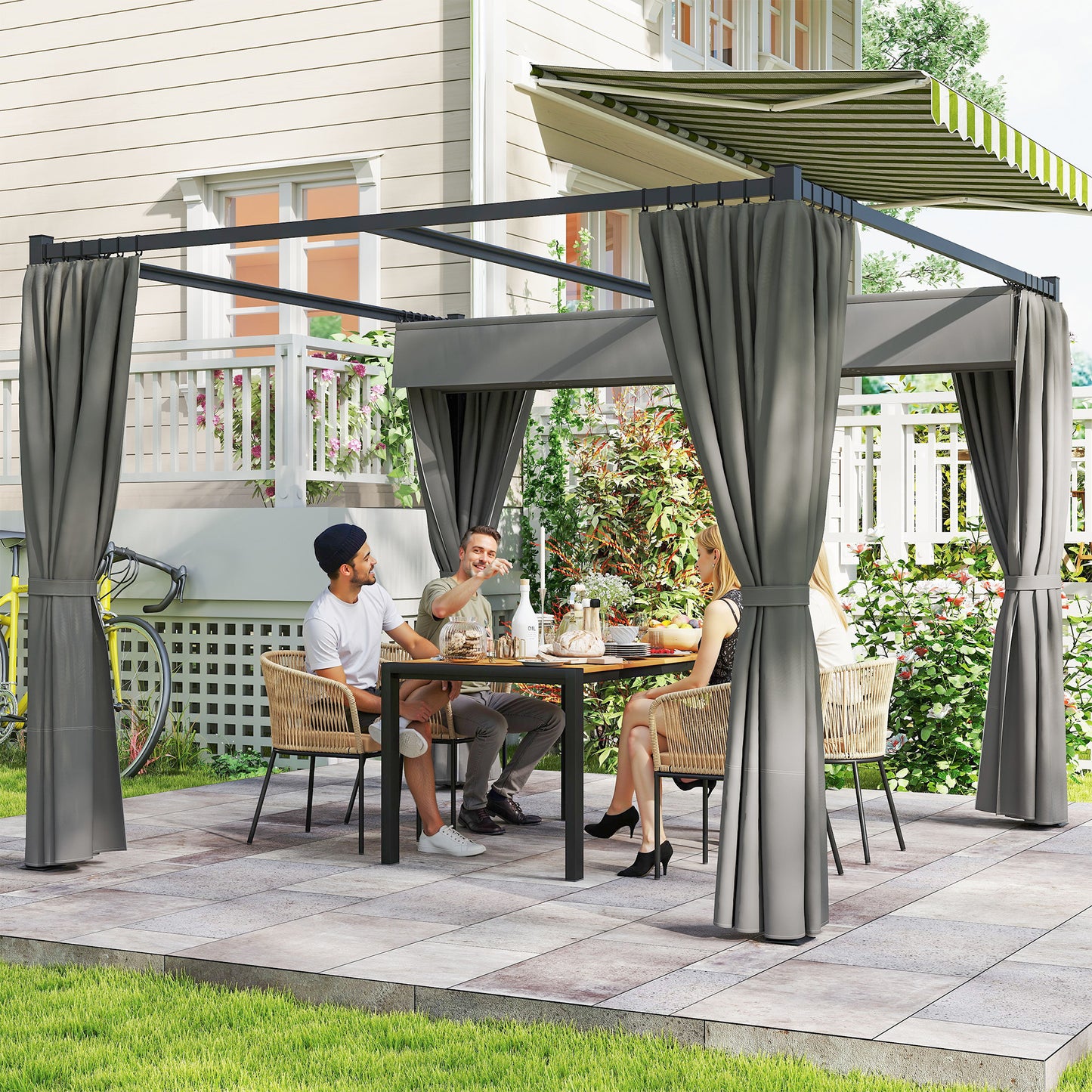 3 x 3m Moving Canopy Metal Pergola, with Curtains