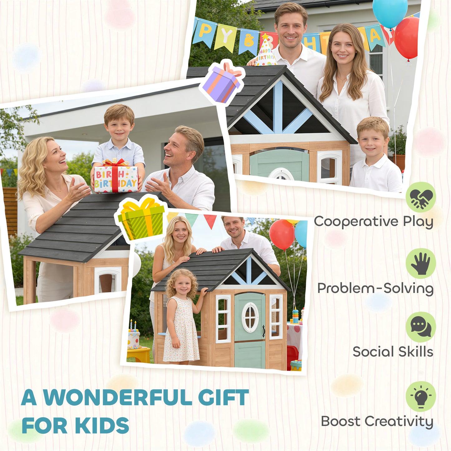 Wooden Playhouse for Kids, Wendy House with Pet Door, Play Kitchen