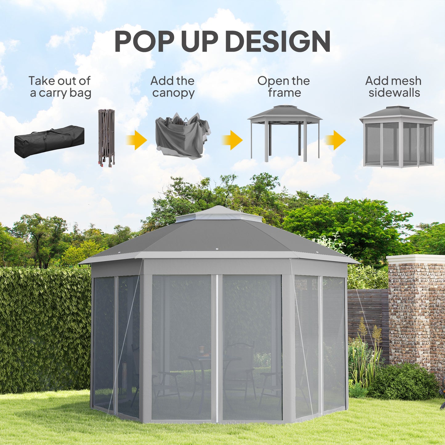 3 x 4m Garden Gazebo Hexagon Pop Up Gazebo Party Tent Canopy Double