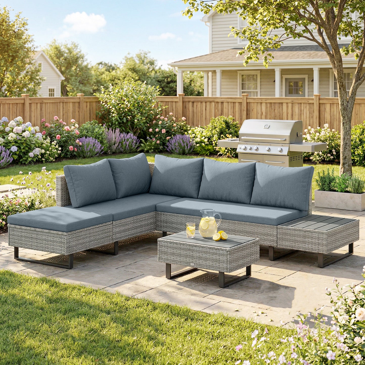 5 Seater Rattan Garden Furniture Set, L Shaped Garden Corner Sofa