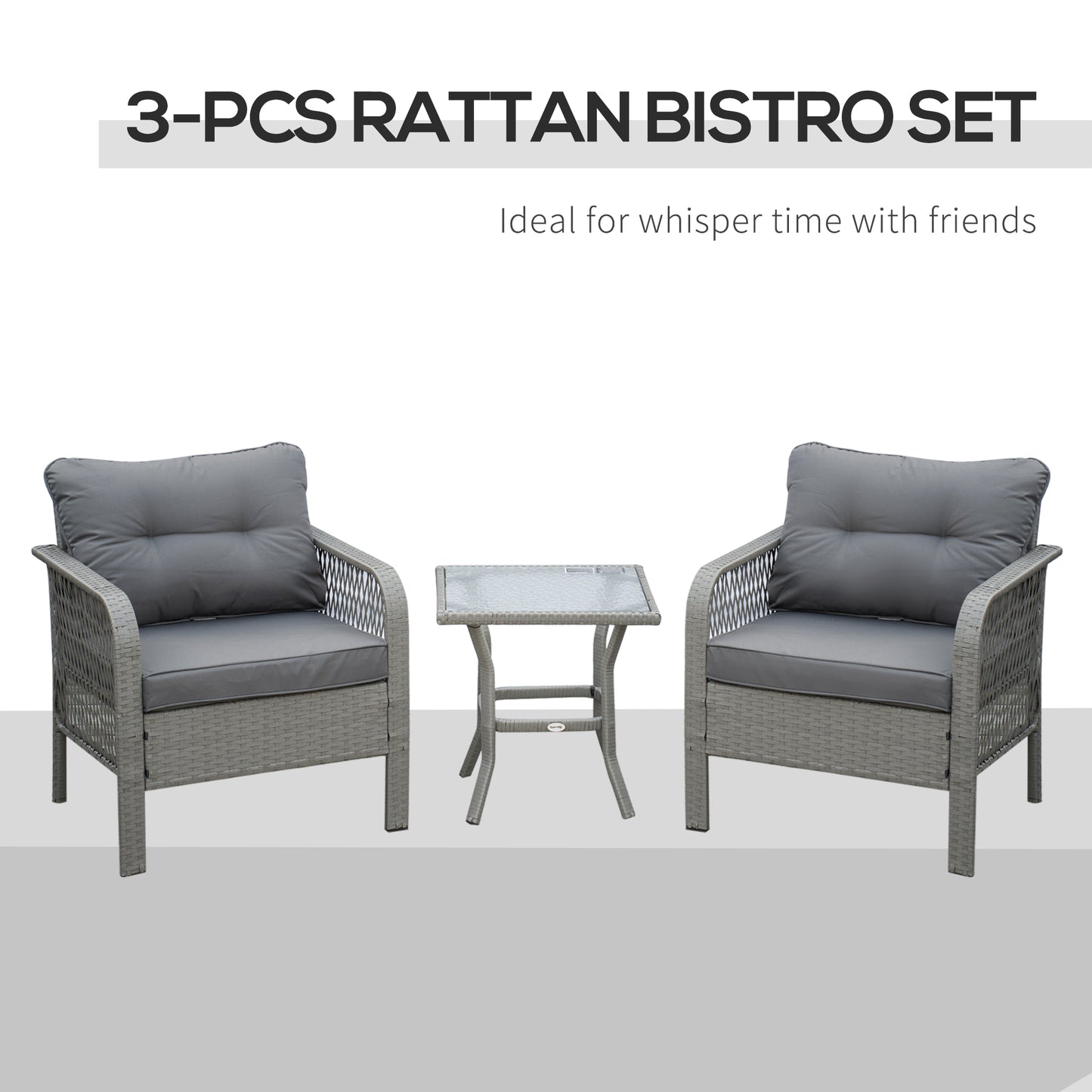 3 Pieces Rattan Bistro Set with Glass Top Coffee Table