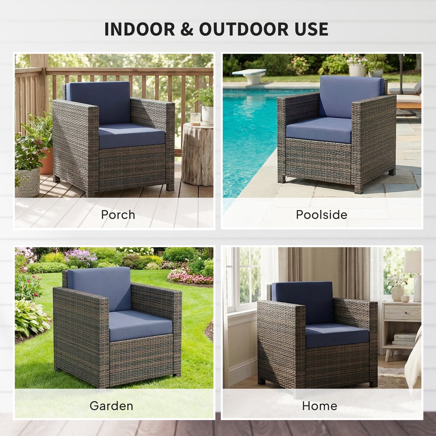 PE Rattan Garden Armchair with Cushion - Mixed Brown/Navy