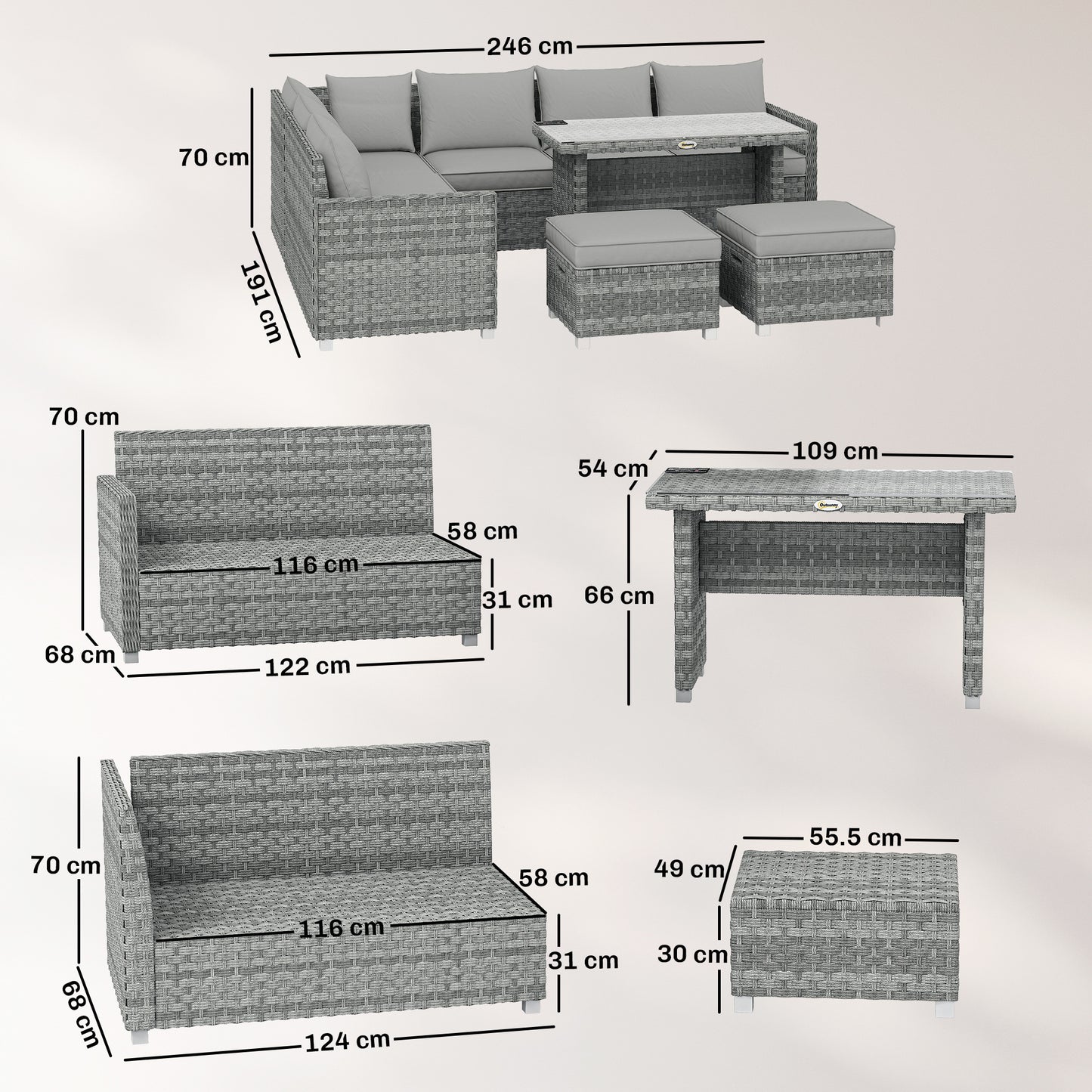 6 Seater Rattan Garden Furniture Set with 3 Sofas, 2 Footstools