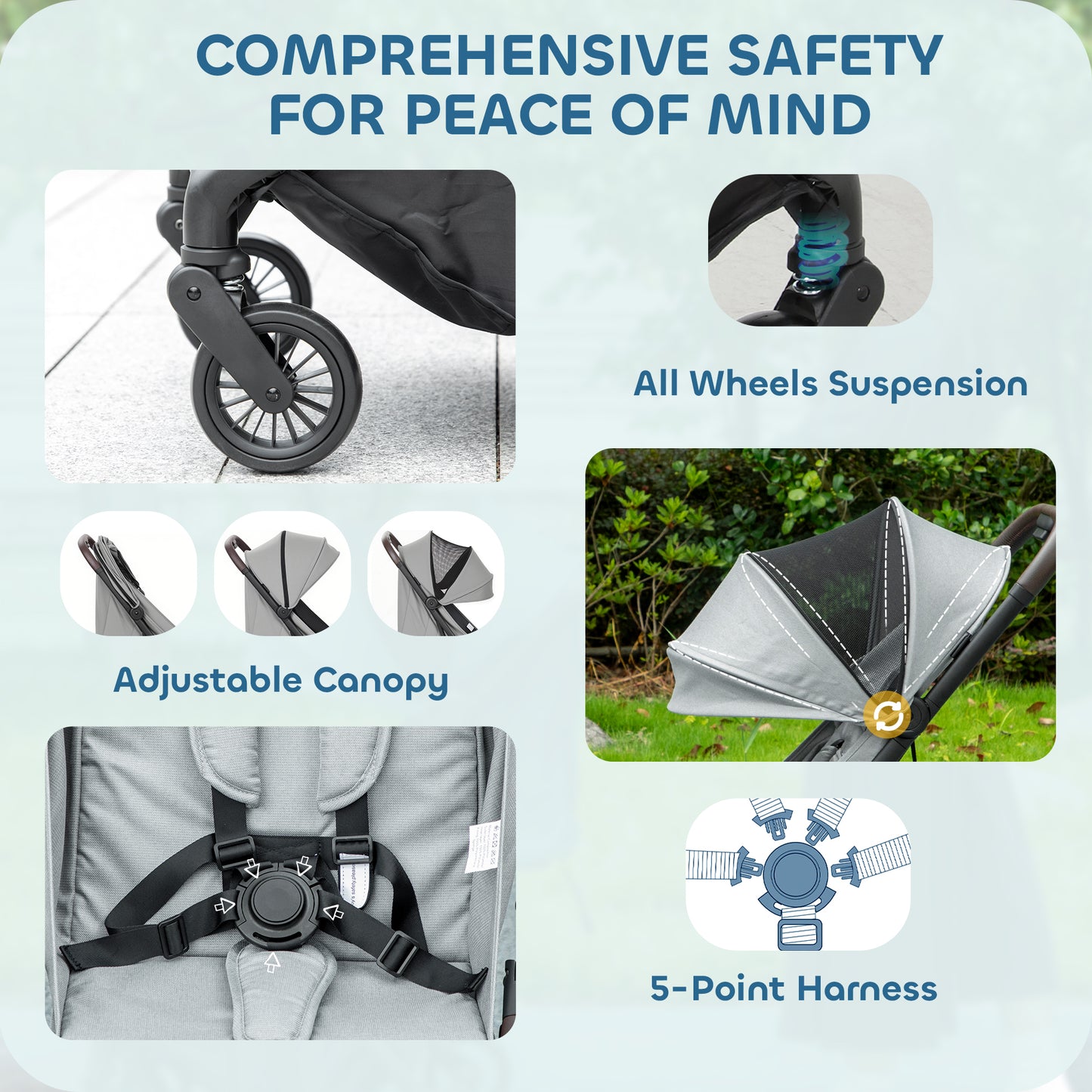 Foldable Baby Stroller with Adjustable Seat, 5-Point Harness, Canopy