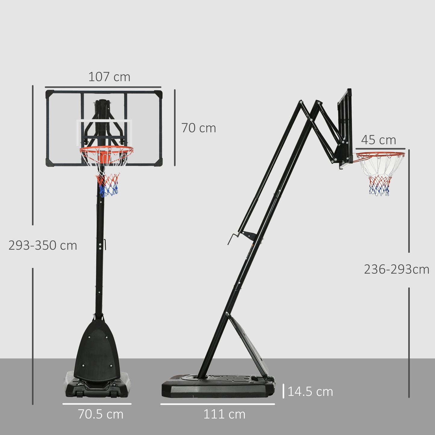 2.4-2.9m Adjustable Basketball Hoop and Stand with Weighted Base