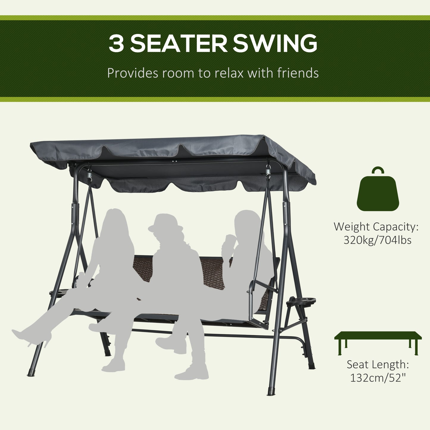 3 Seater Swing Chair, Garden Swing Seat Bench with Adjustable Canopy