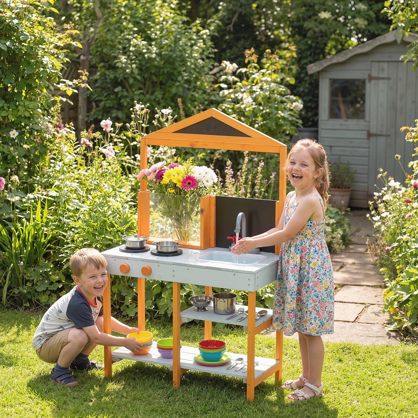Mud Kitchen for Kids, Outdoor Wooden Play Kitchen with Sink, Stove