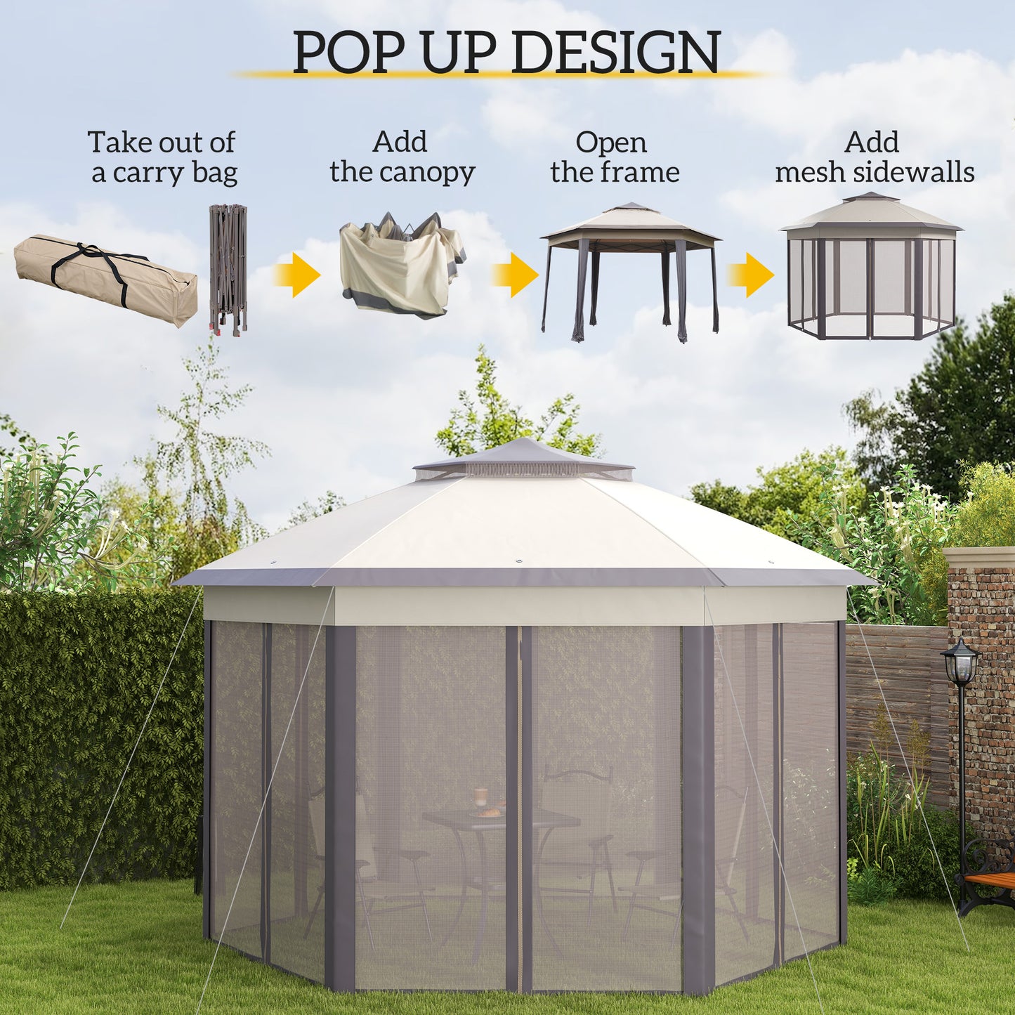 3 x 4m Garden Gazebo Hexagon Pop Up Gazebo Party Tent Canopy Double