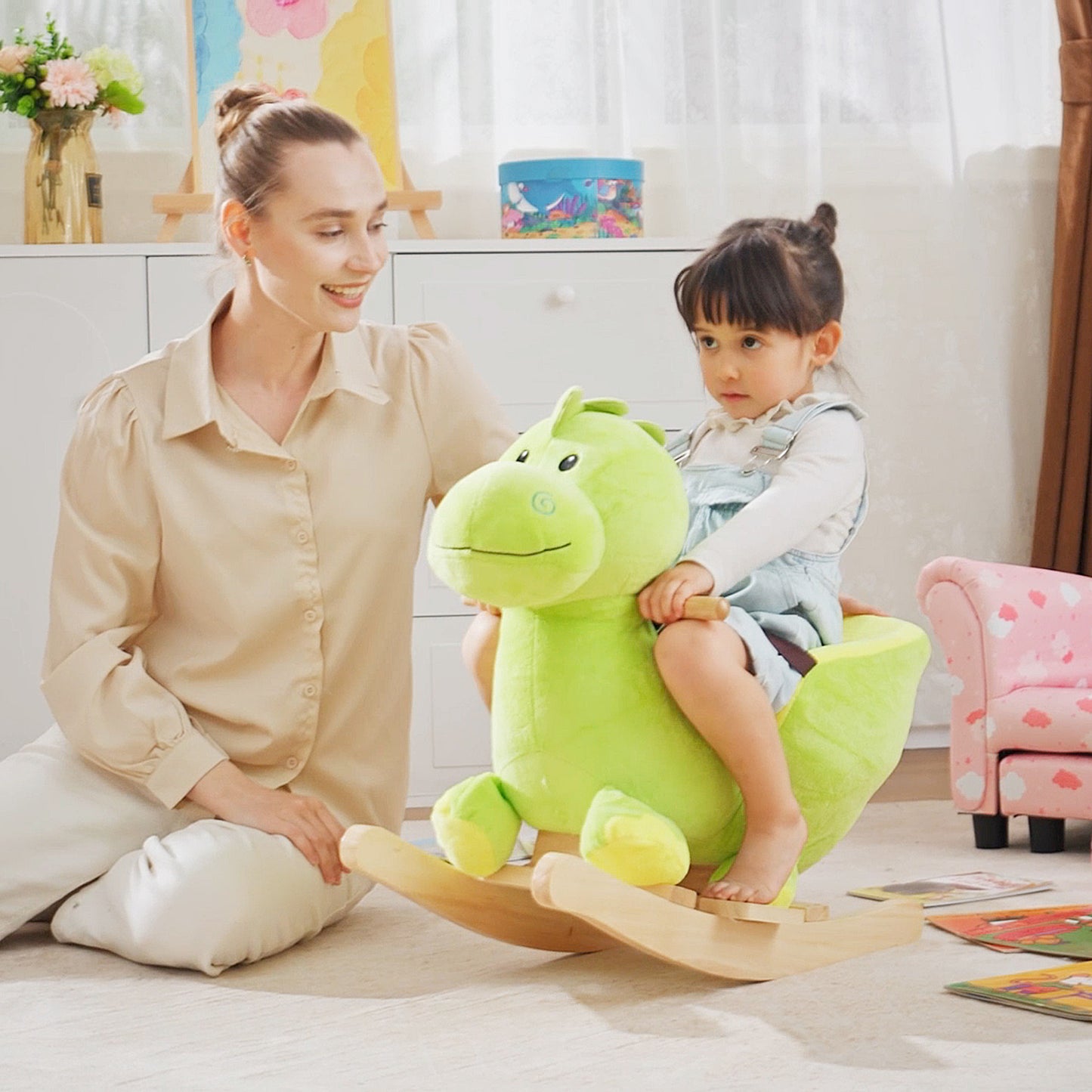 Kids Rocking Horse, Plush Ride-On Dinosaur Seat, with Seat Seat Belt