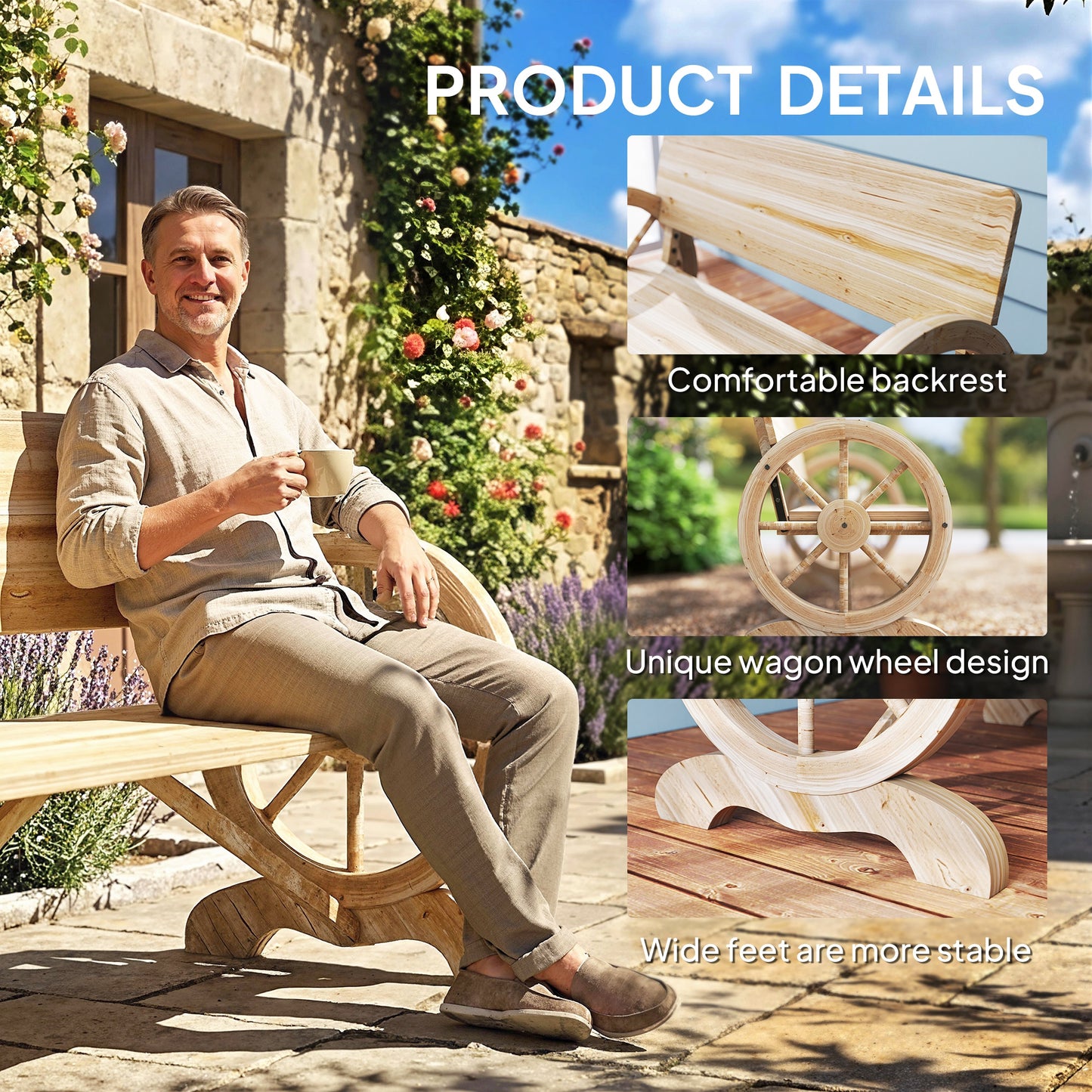 Fir Wood 2-Seater Outdoor Garden Wagon Wheel Bench