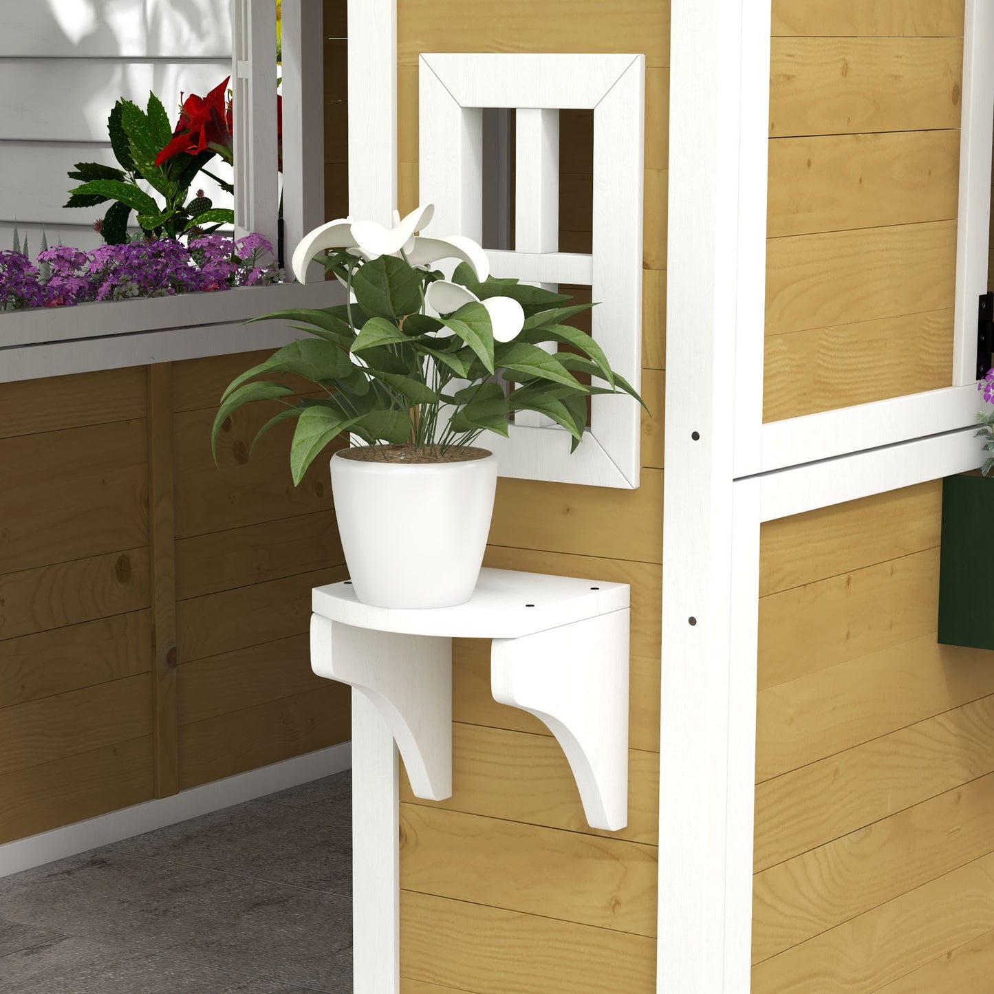 Wooden Playhouse with Doors, Windows, Plant Pots, Boxes, for 3-8 Years
