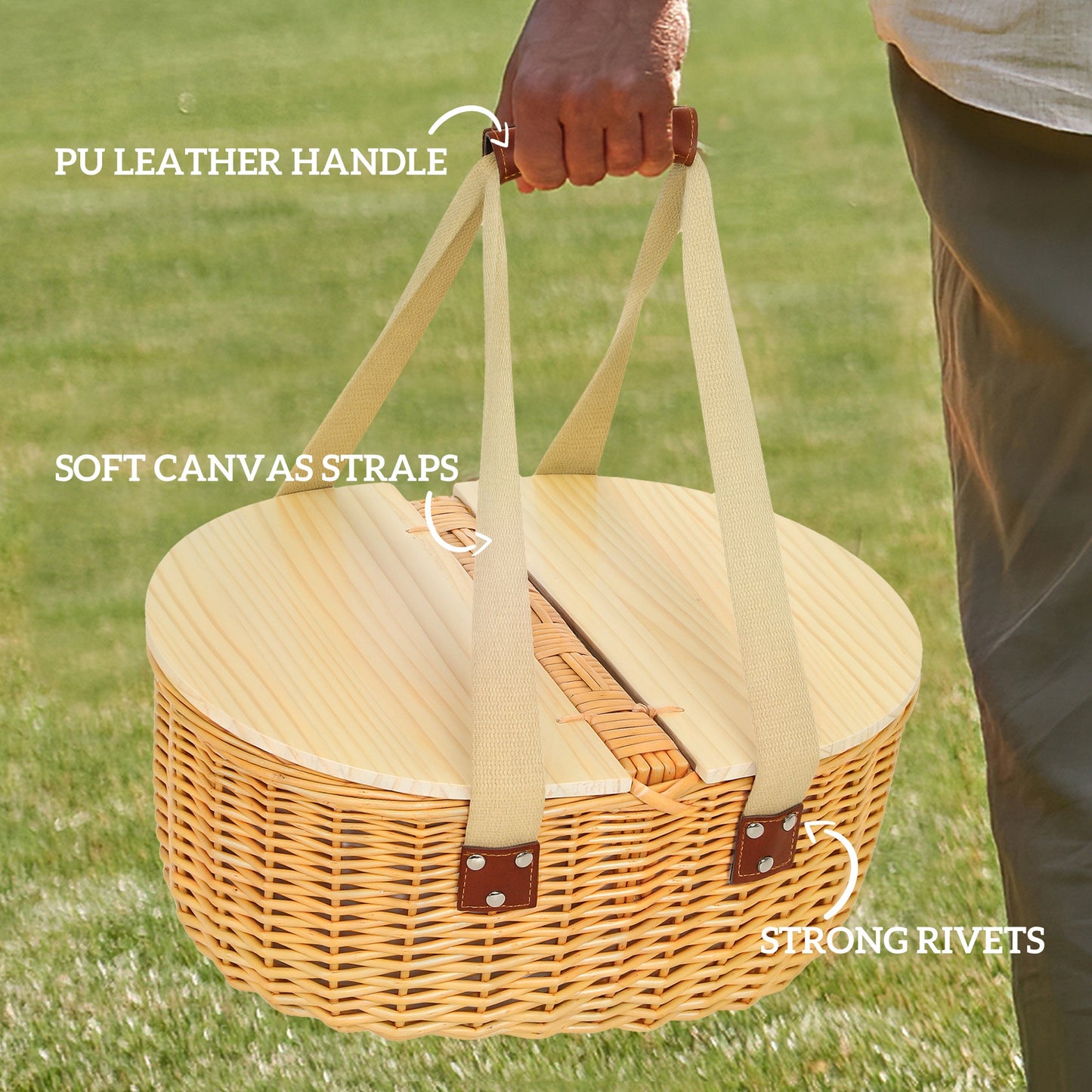 Wicker Picnic Basket for 2 with Pine Wood Lid