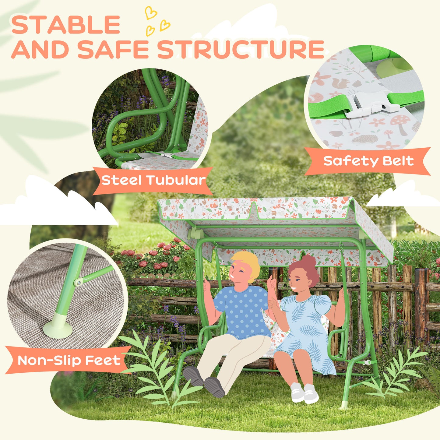 Kids Garden Swing Chair with Adjustable Canopy, Safety Belt