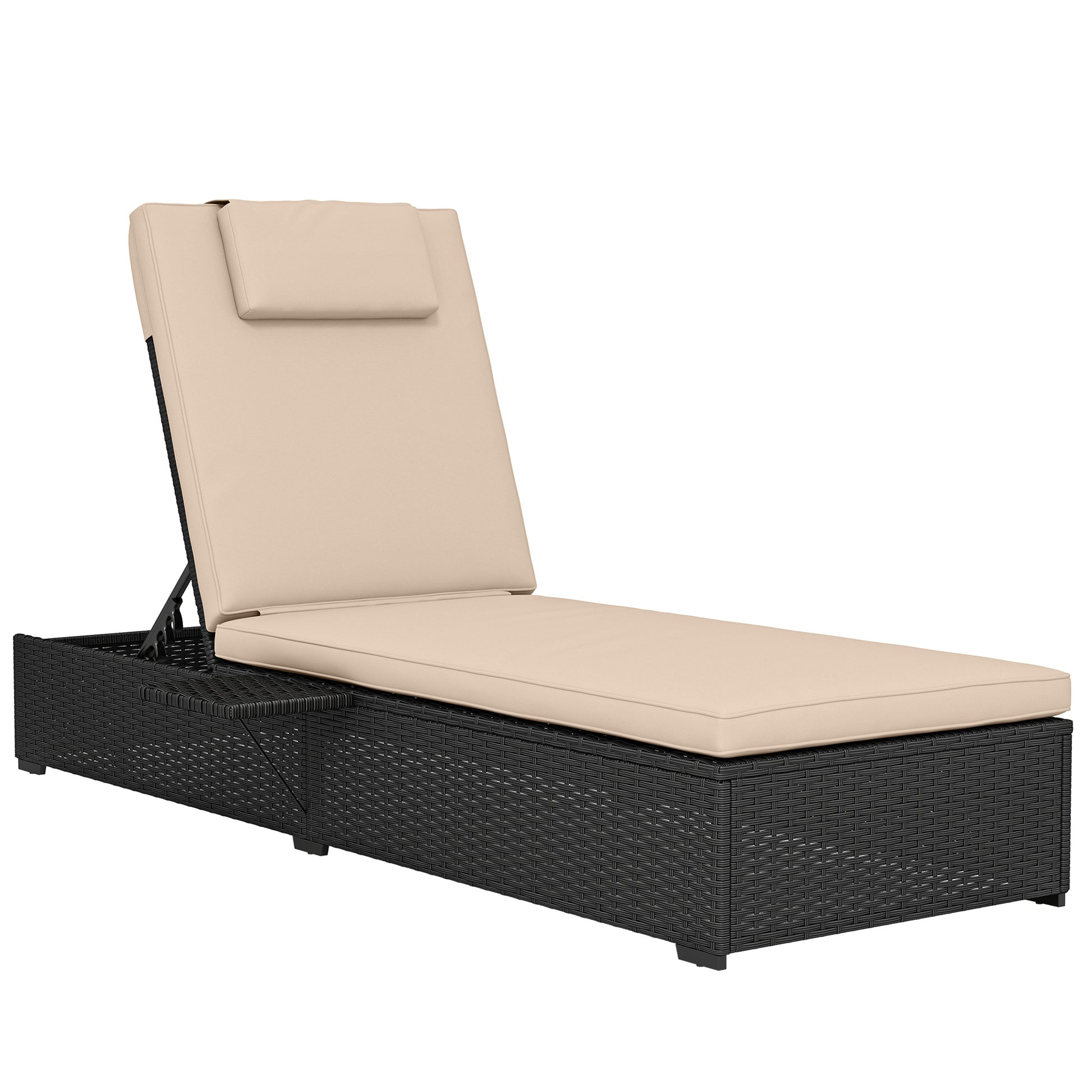 Rattan Sun Lounger with 5-Level Reclining Back Side Tray and Cushion