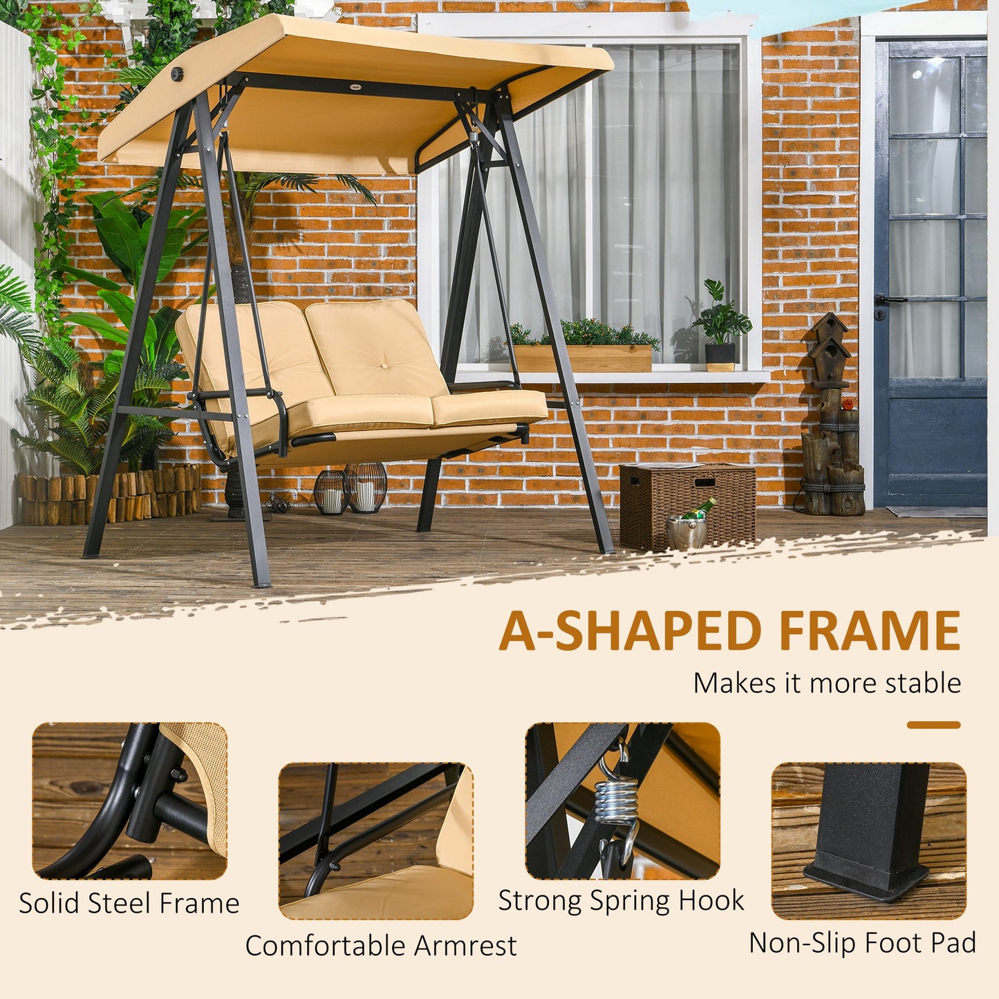Two-Seater Garden Swing Bench, with Adjustable Canopy