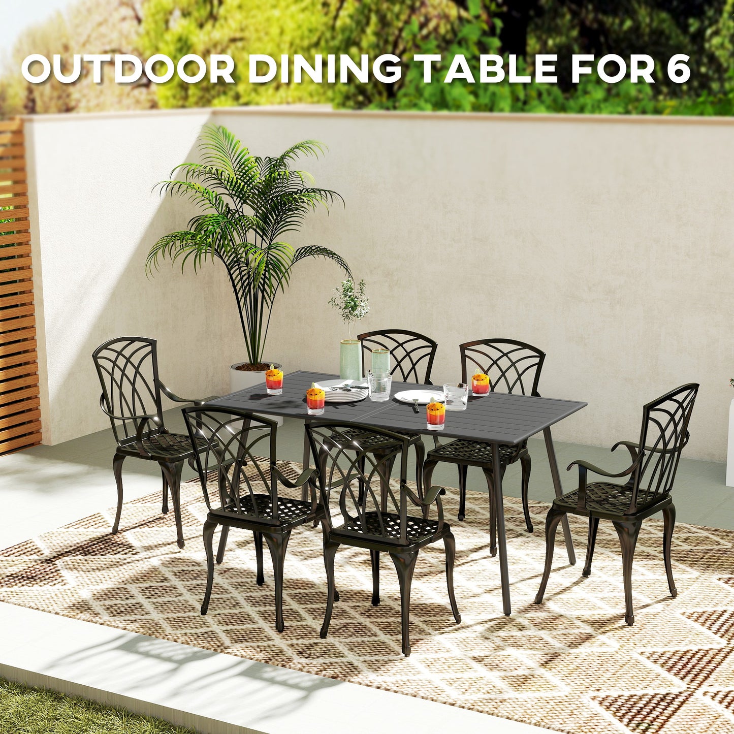 Rectangle Garden Table with Slat Top, Steel Frame