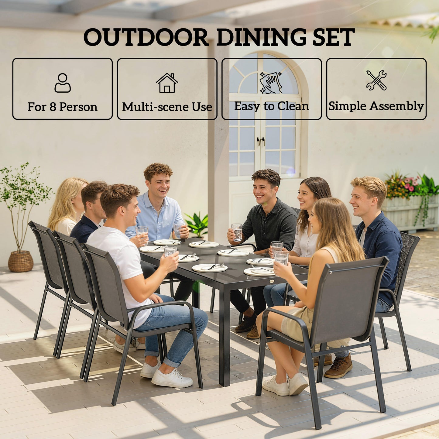 9 Pieces Garden Dining Set, Outdoor Table and Chairs Set for 8