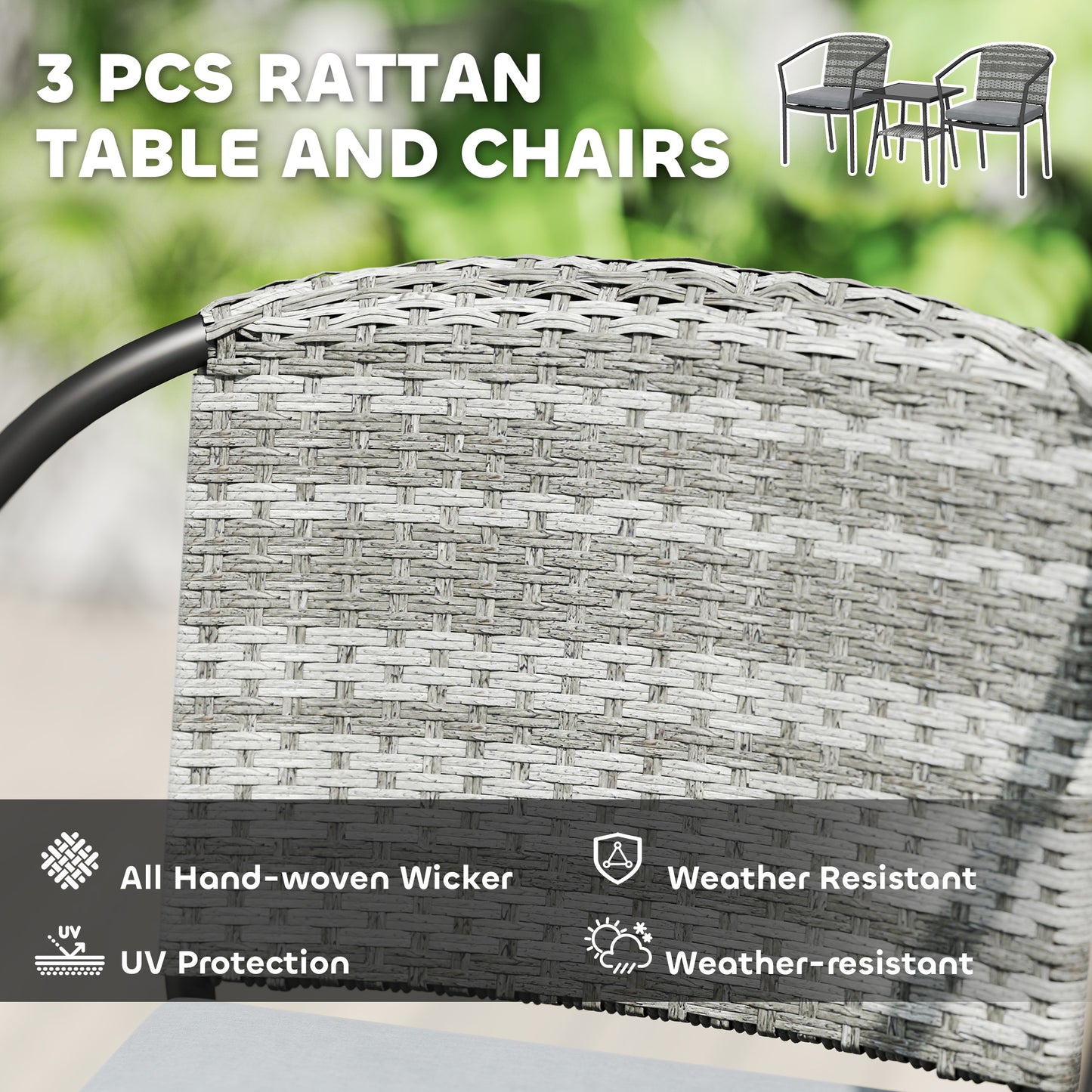 3 Pieces Rattan Bistro Set with Cushions