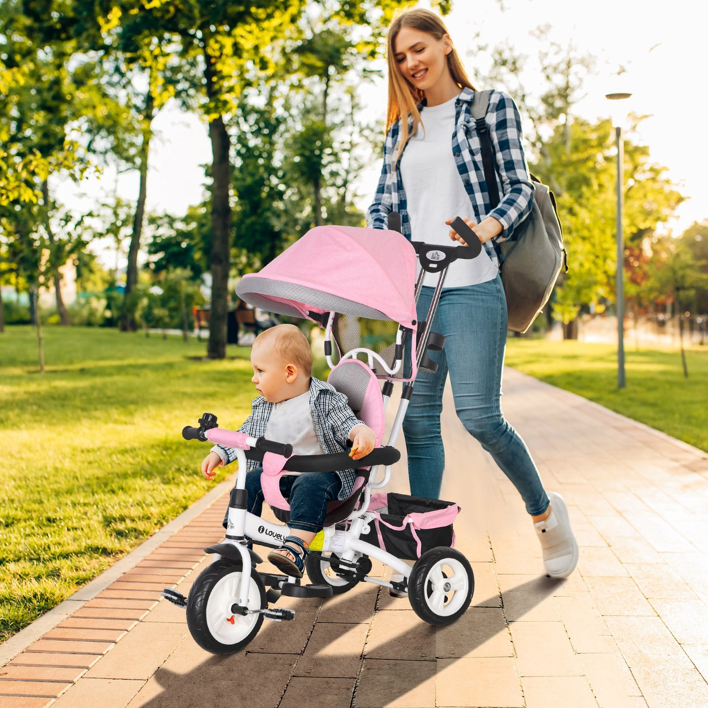6 in 1 Kids Trike Push Bike w/ Push Handle, Canopy
