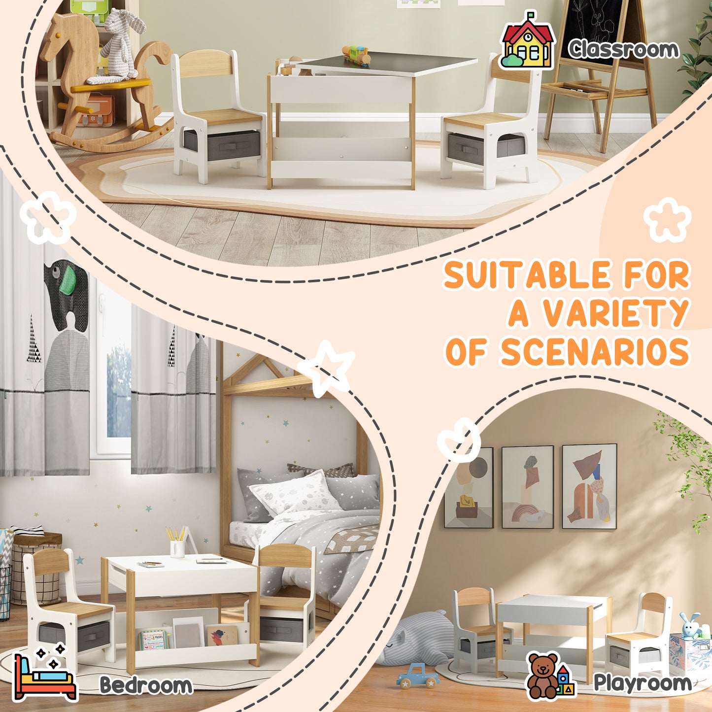 Three-Piece Kids Table and Chair Set with Blackboard, Storage