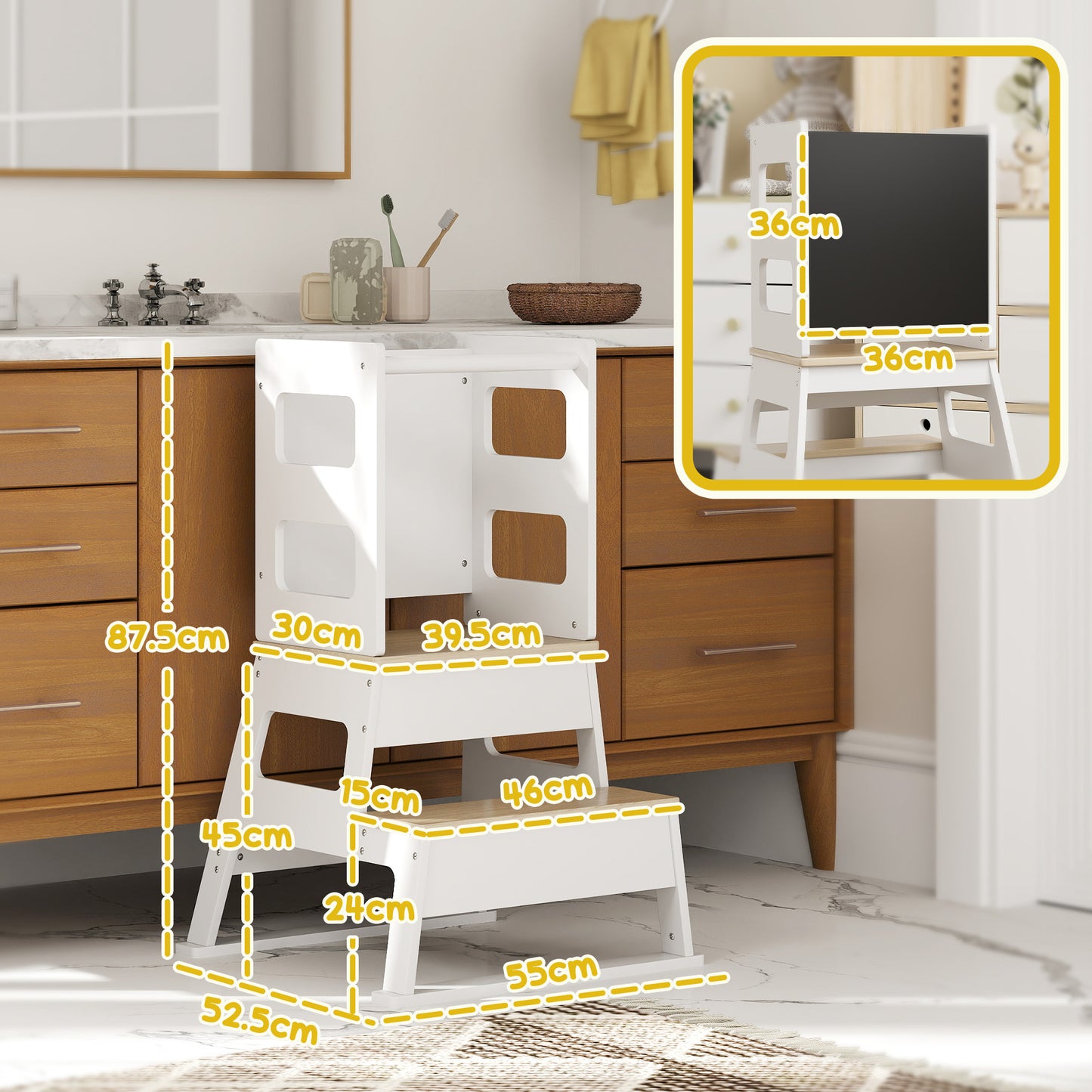2-in-1 Toddler Tower with Chalkboard, Safety Rail for Kitchen