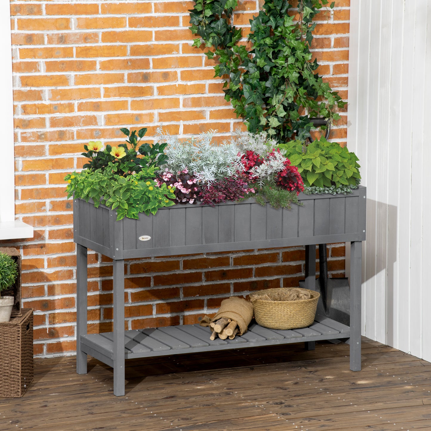 Fir Wood Raised Rectangular 8 Compartment Plant Stand