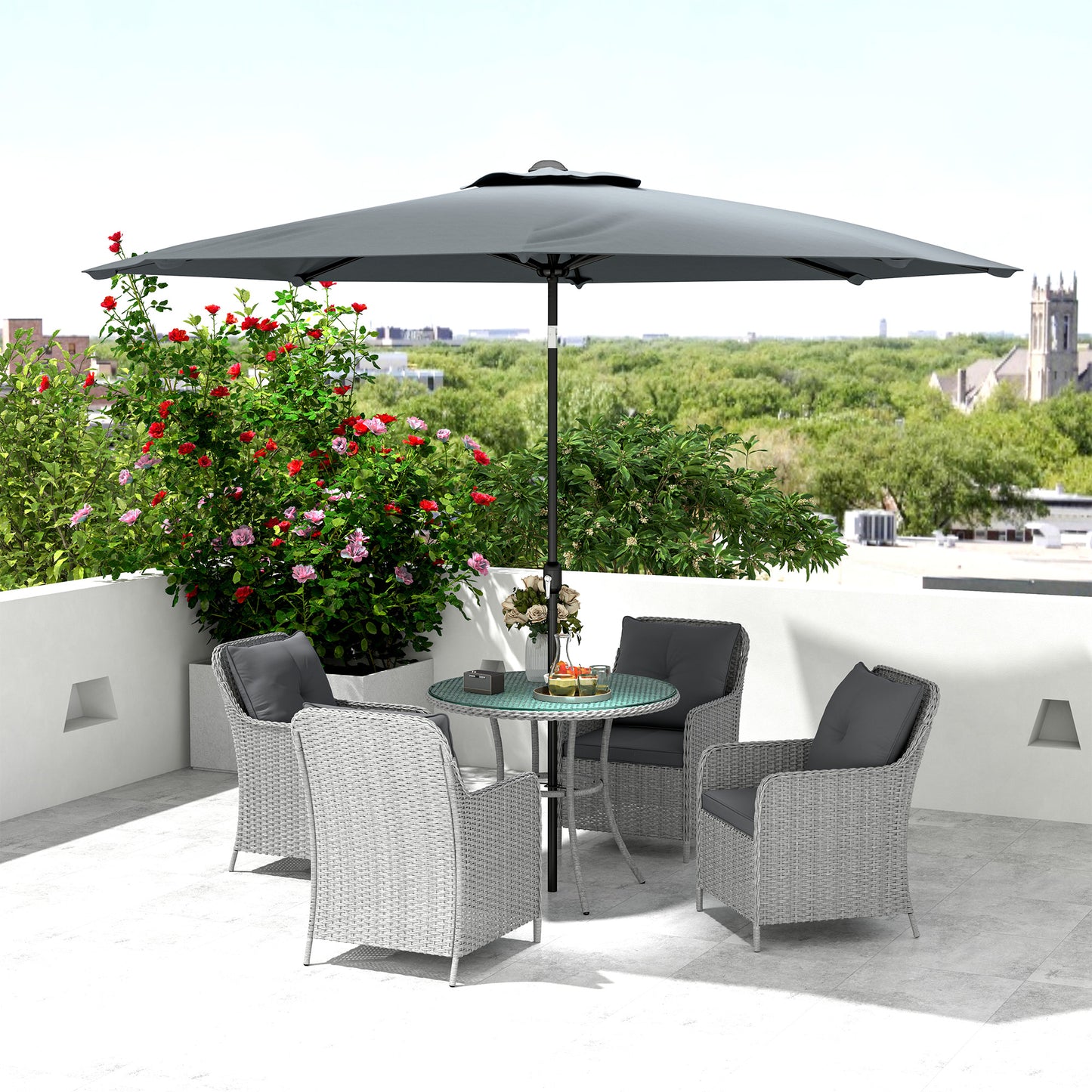 4 Seater Rattan Dining Set with Parasol & Cushions