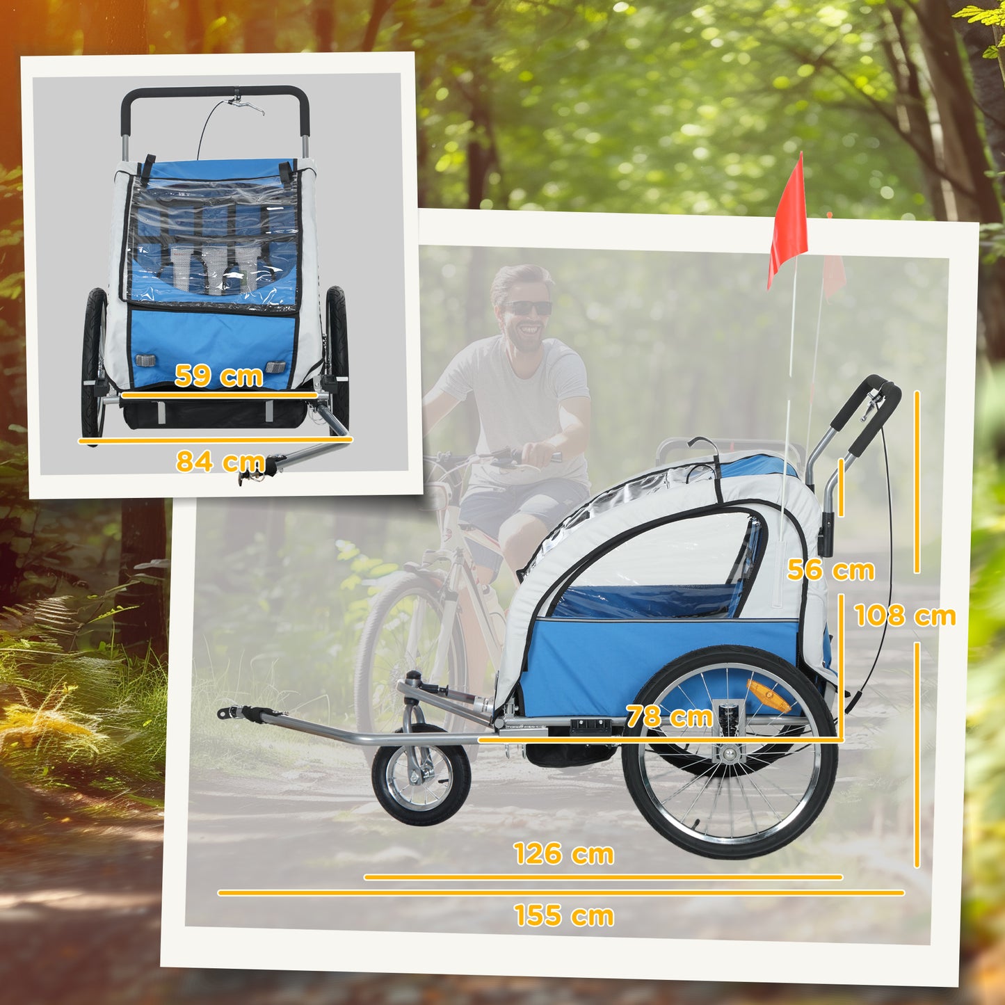 2 Seat Bike Trailer with 5 Point Harness