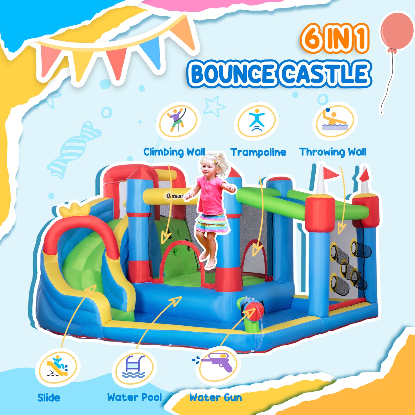 6 in 1 Kids Bouncy Castle, with Water Slide, Water Gun