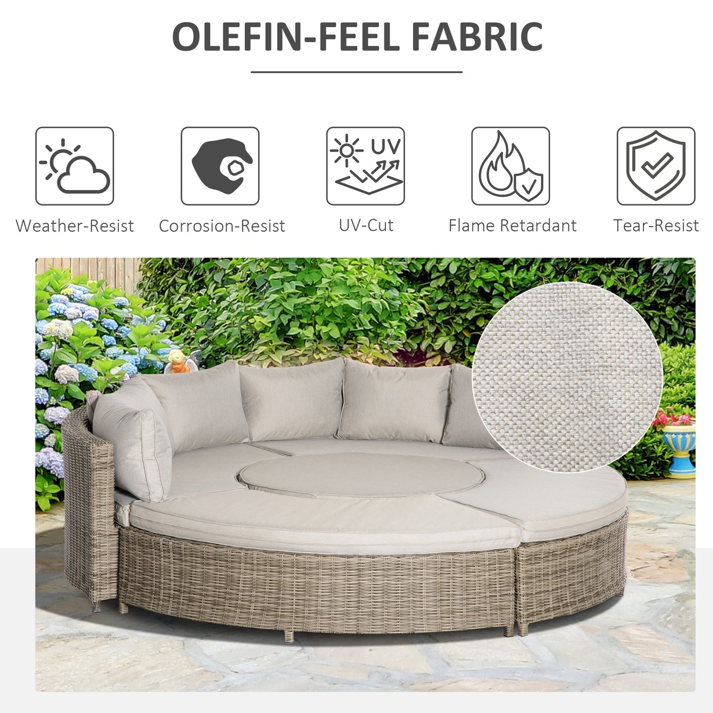 5 Pieces Outdoor PE Rattan Round Garden Daybed with Cushions