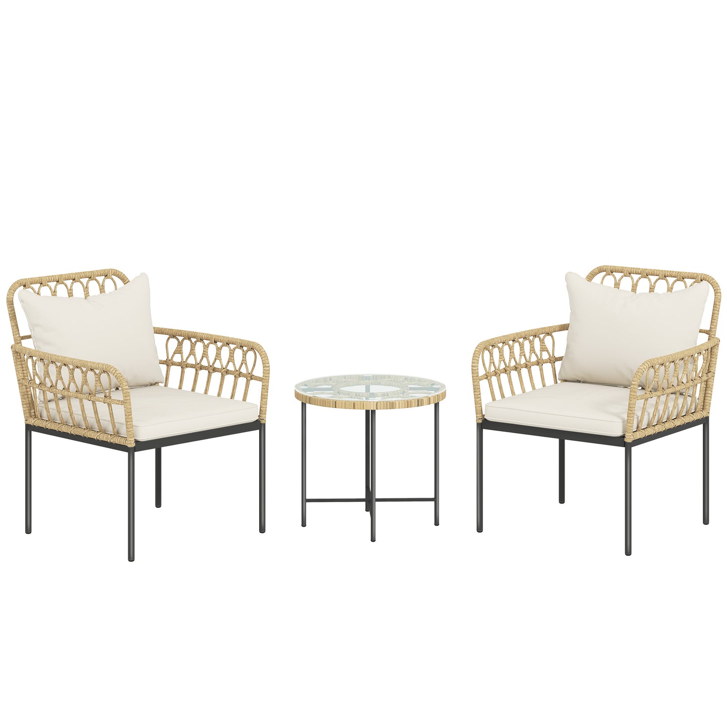 3 Piece Rattan Bistro Set, Wicker Garden Furniture Set with Cushions