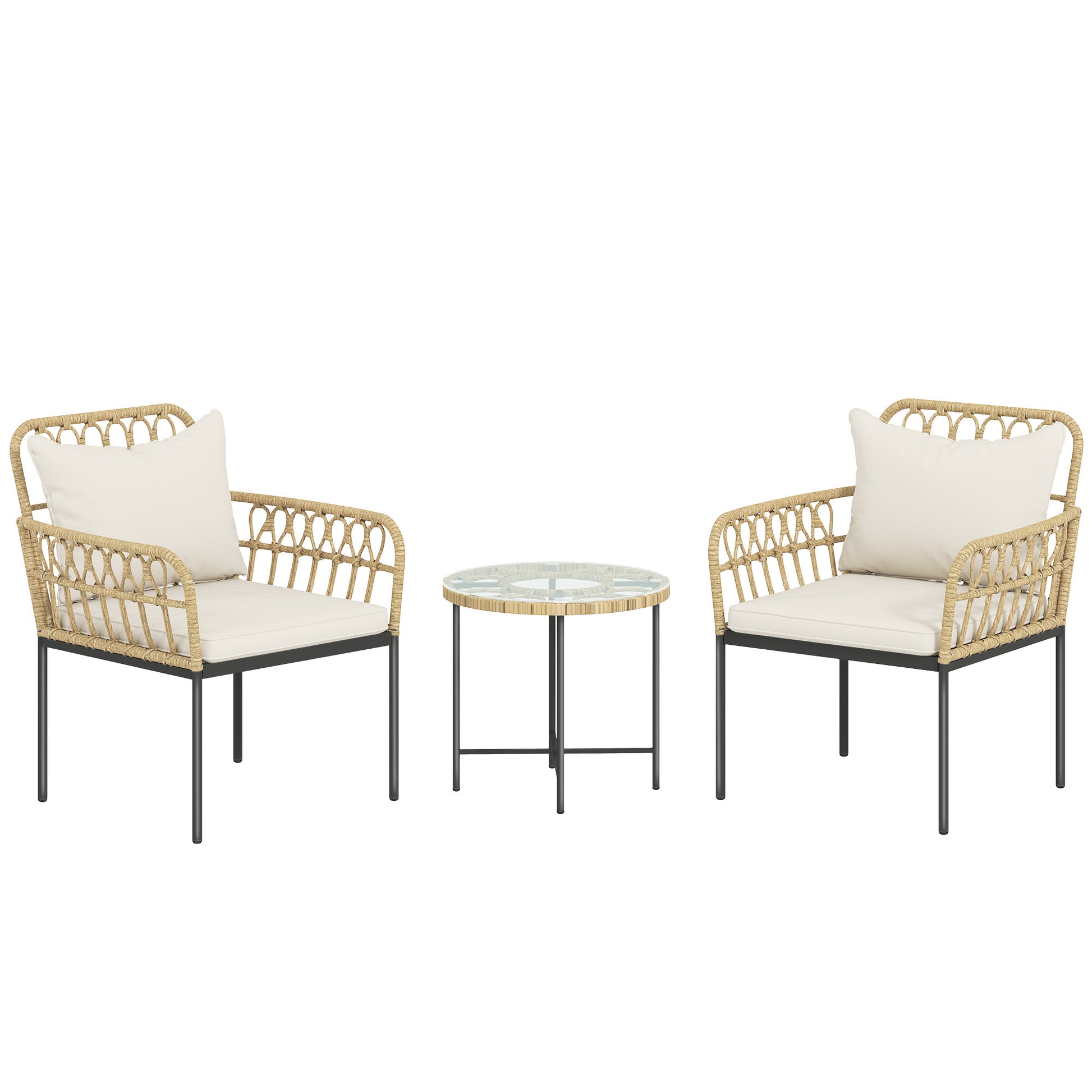 3 Piece Rattan Bistro Set, Wicker Garden Furniture Set with Cushions