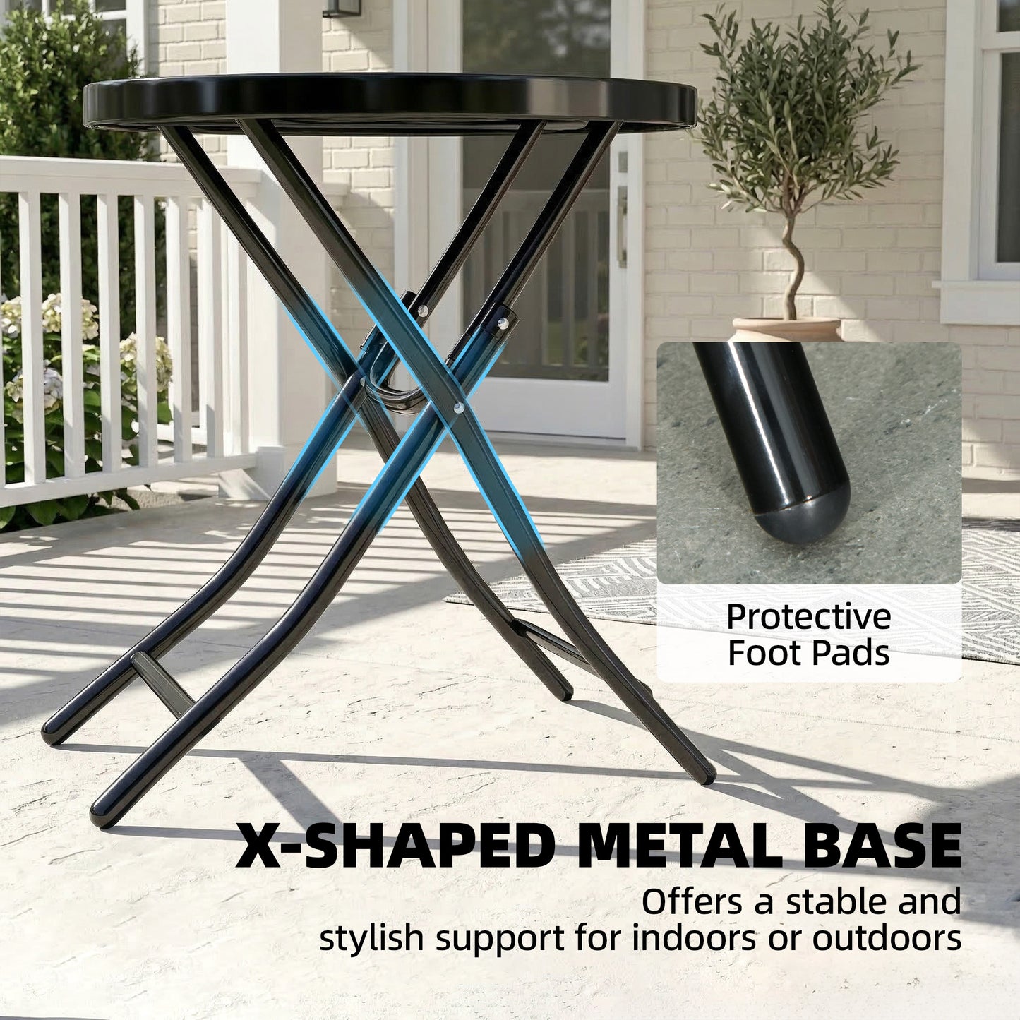 Foldable Garden Table, Round Folding Table with Glass Tabletop