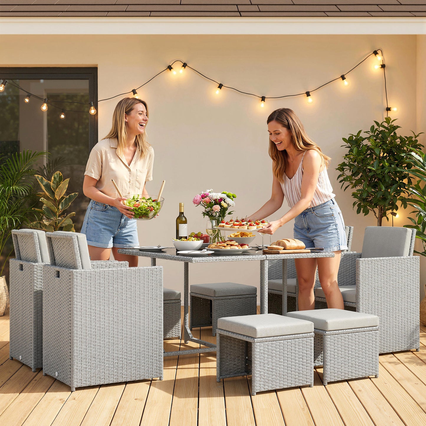 9 Piece Rattan Cube Garden Furniture Dining Set with Armchairs