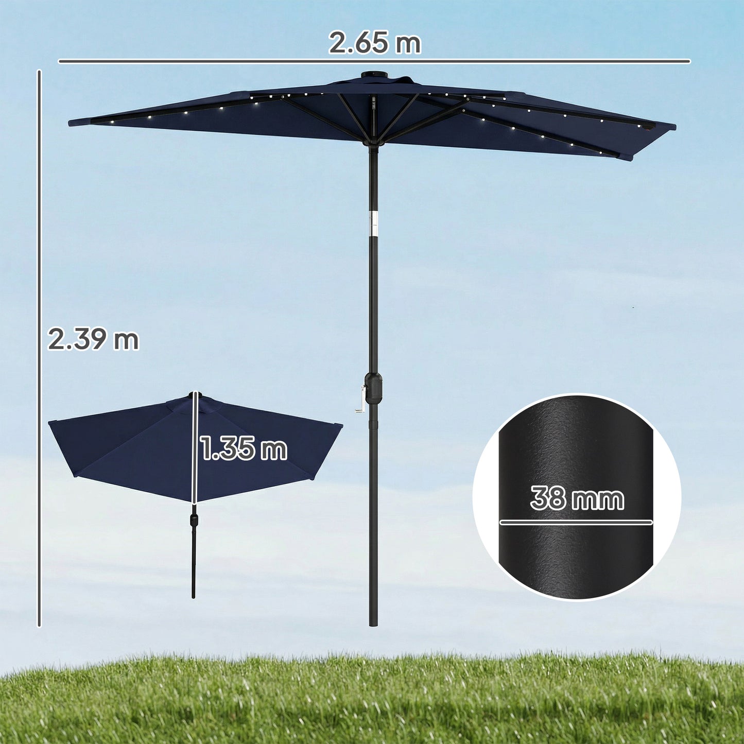 2.6 m Half Garden Parasol with Solar LED Lights