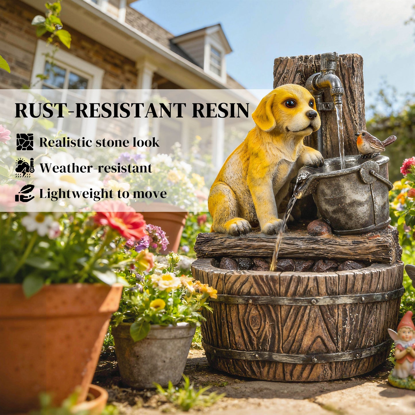 Garden Water Feature with 3-Tier Rustic Puppy Design