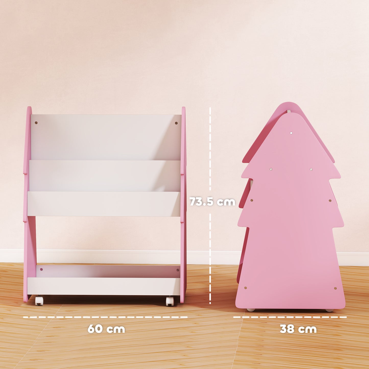 Kids Bookshelf with Toy Storage, Double-Sided Bookcase with Wheels