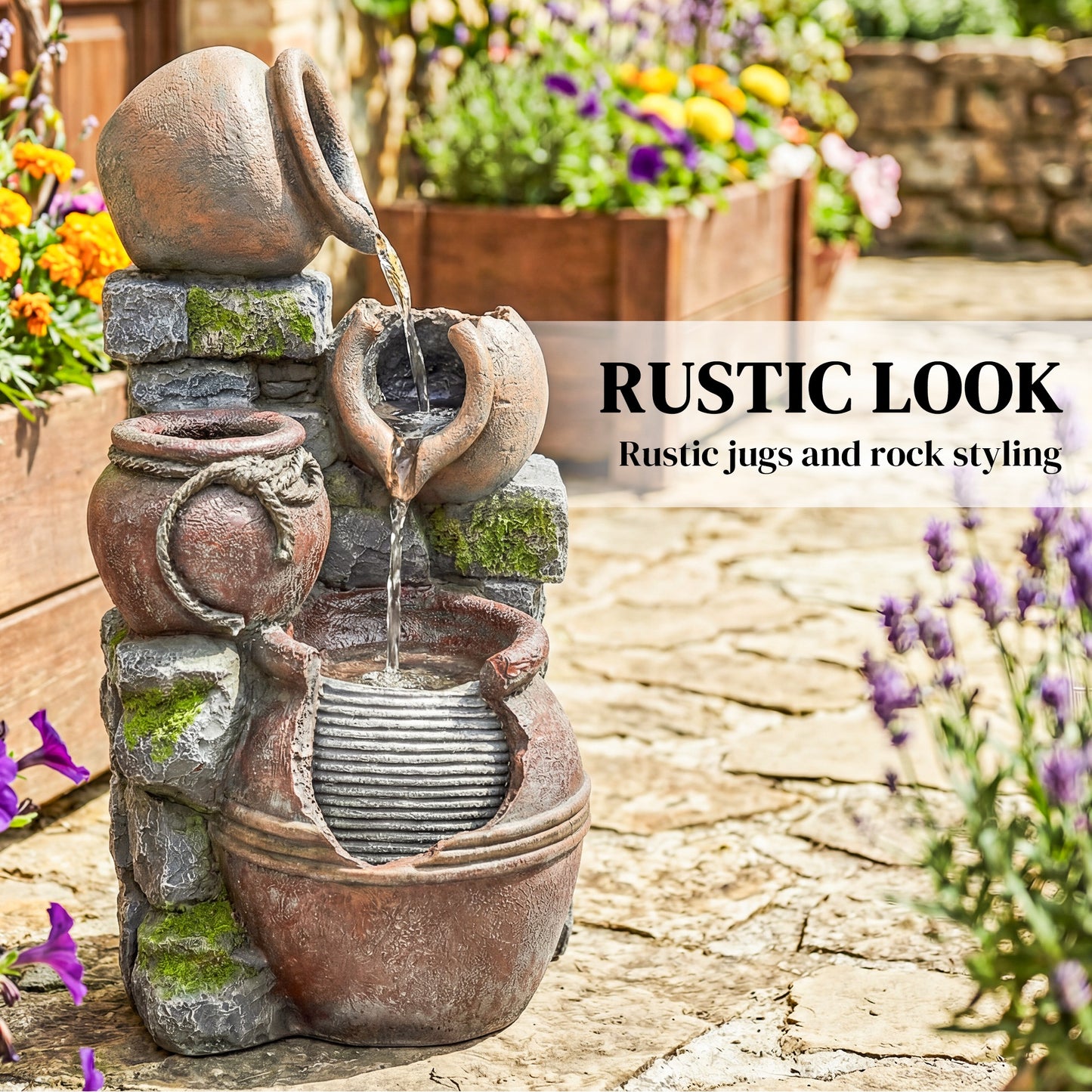 Outdoor Fountain with 4-Tier Rustic Pots & Planter